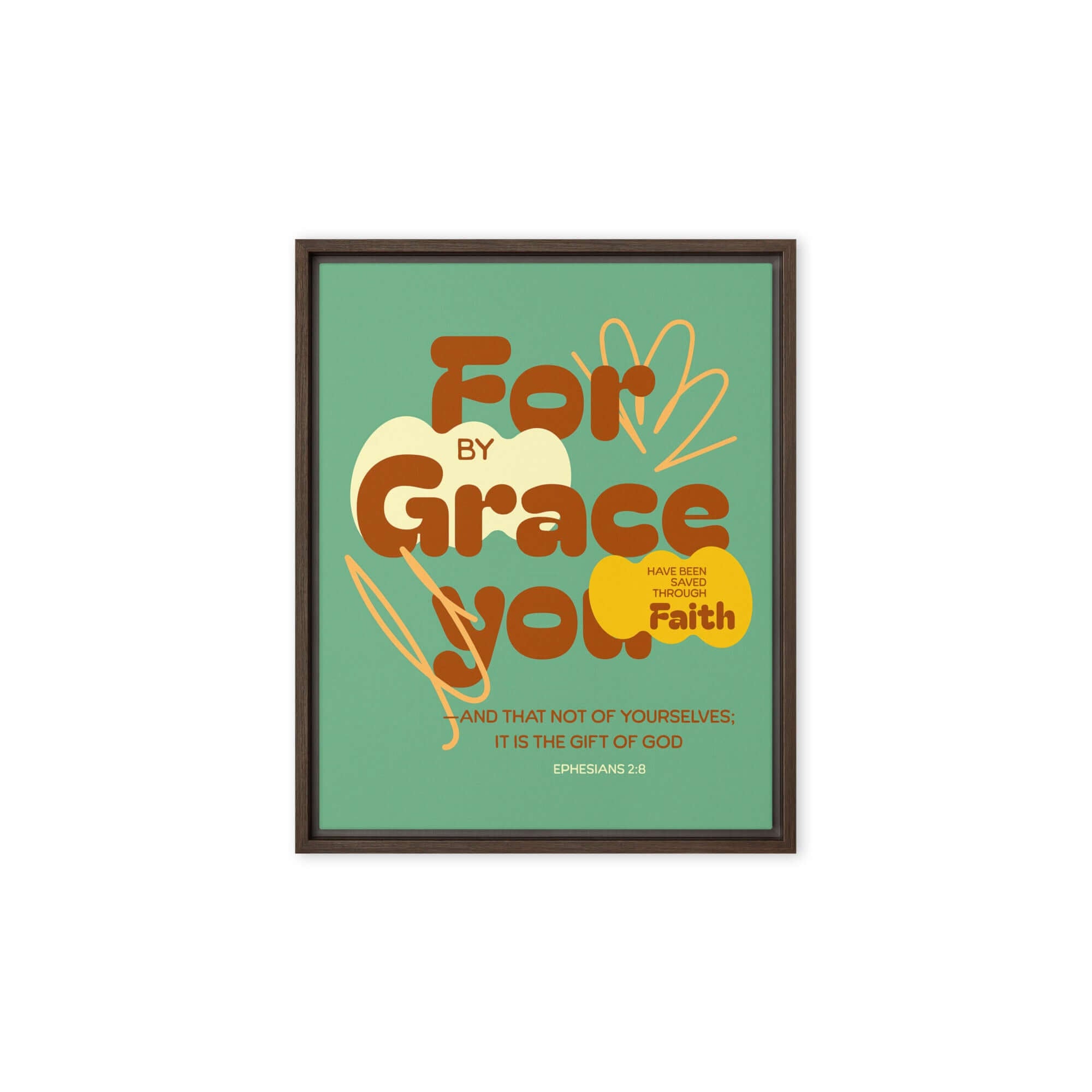 Ephesians 2:8 Bible Verse, for by grace Framed Canvas Print Wall Art Brown 8″×10″