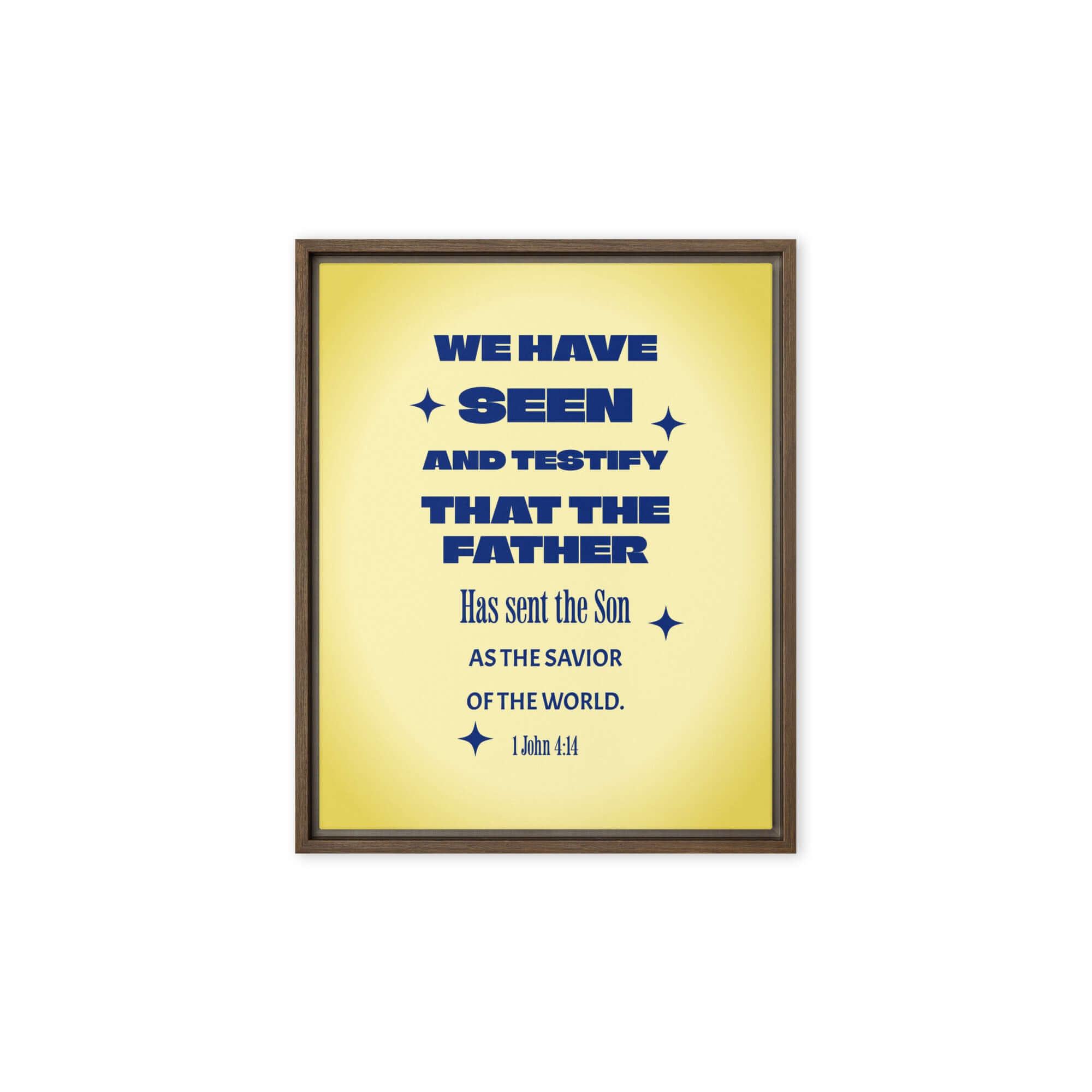 1 John 4:14 Bible Verse, Savior of the world Framed Canvas Print Wall Art Brown 8″×10″