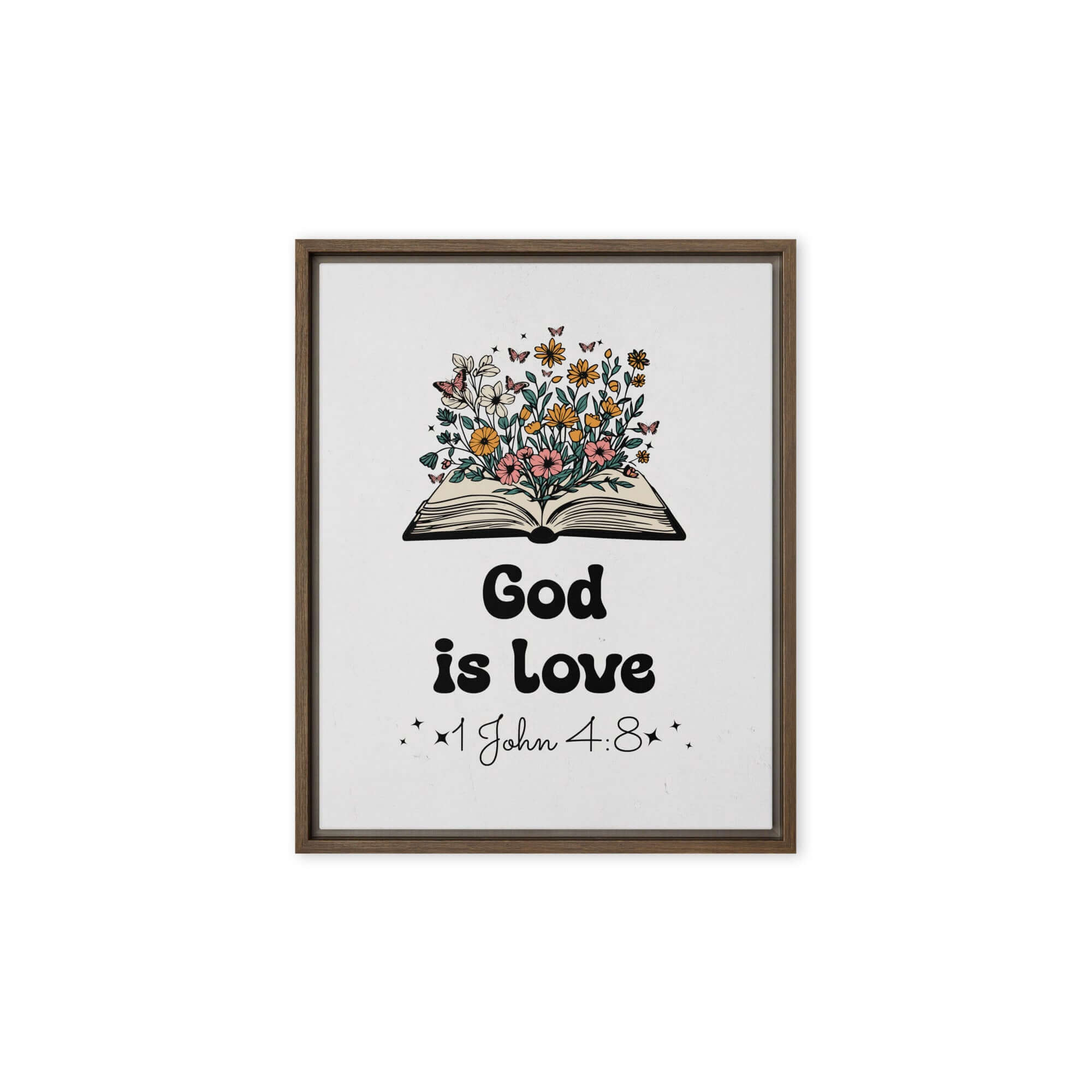 1 John 4:8 Bible Verse, God is Love Framed Canvas Print Wall Art Brown 8″×10″