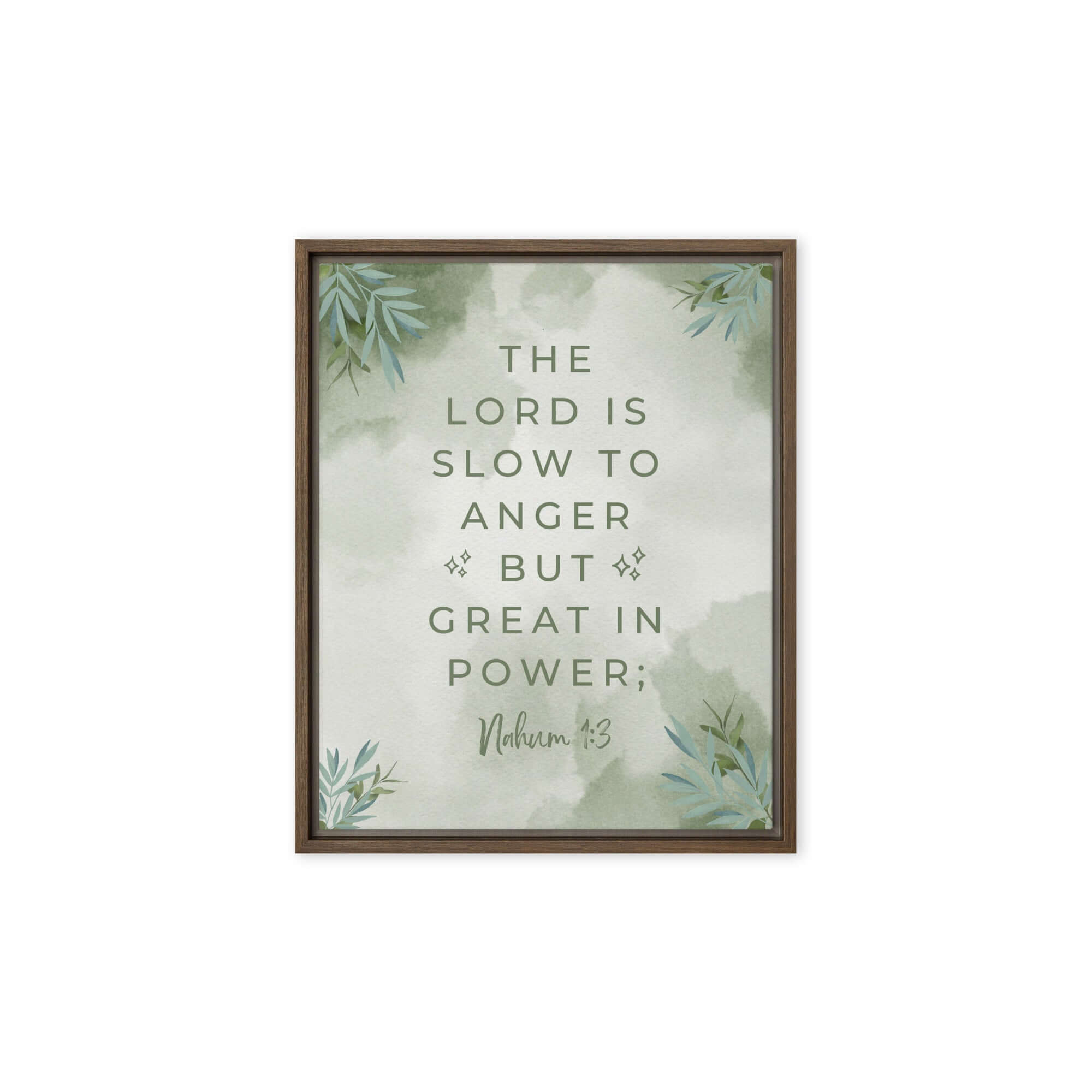 Nahum 1:3 Bible Verse, The Lord is slow Framed Canvas Print Wall Art Brown 8″×10″