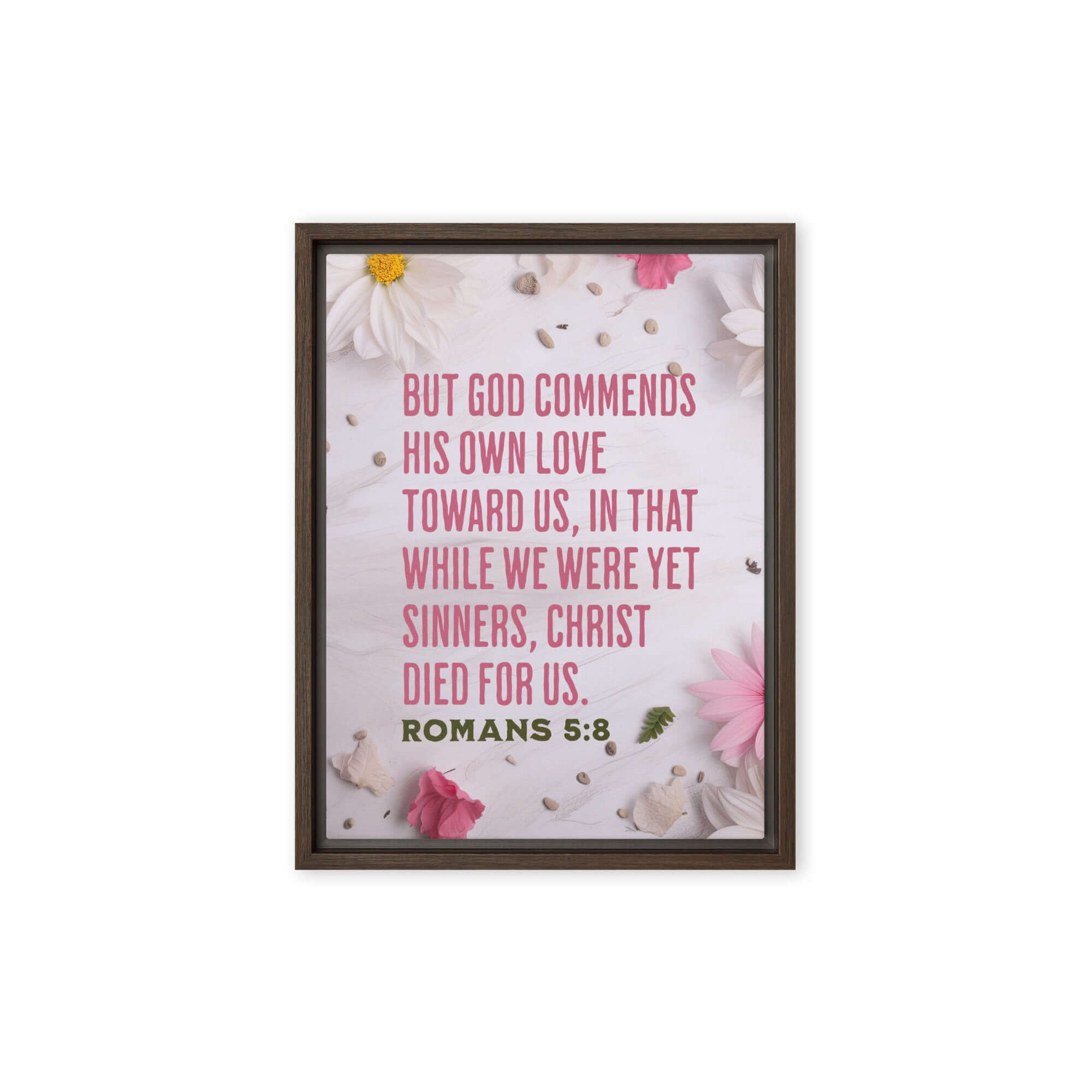 Romans 5:8 Bible Verse, Christ Died for Us Framed Canvas Print Wall Art Brown 9″×12″