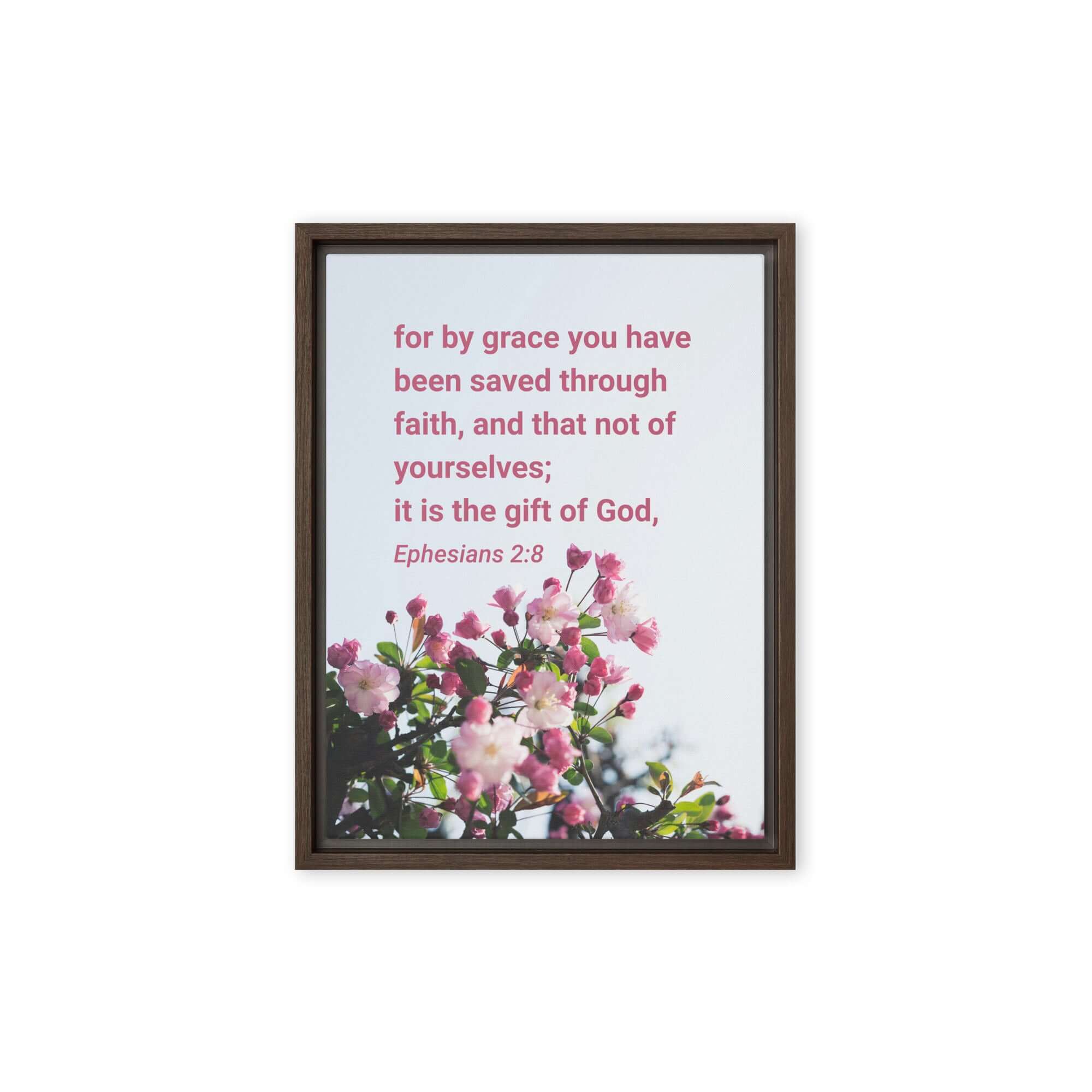 Ephesians 2:8 Bible Verse, saved through faith Framed Canvas Print Wall Art Brown 9″×12″