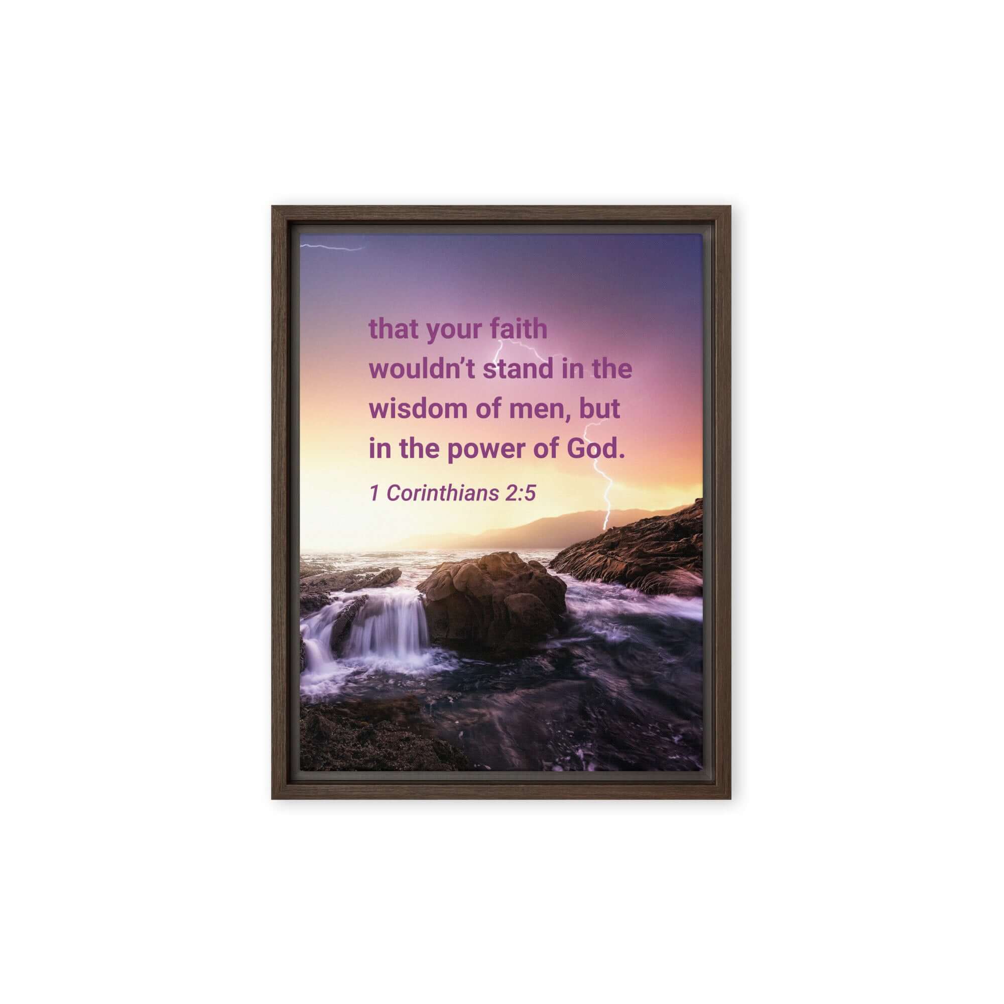 1 Corinthians 2:5 Bible Verse, power of God Framed Canvas Print Wall Art Brown 9″×12″