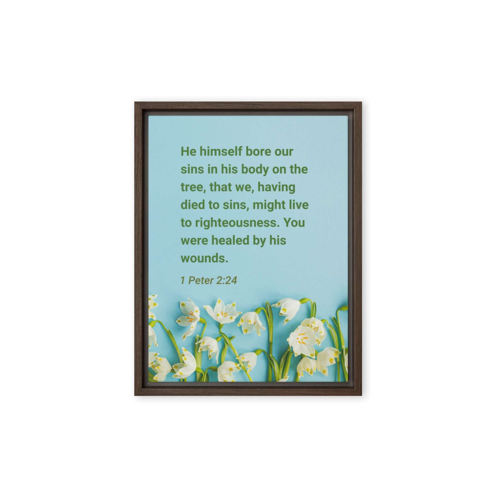 1 Peter 2:24 Bible Verse, healed by His wounds Framed Canvas Print Wall Art Brown 9″×12″