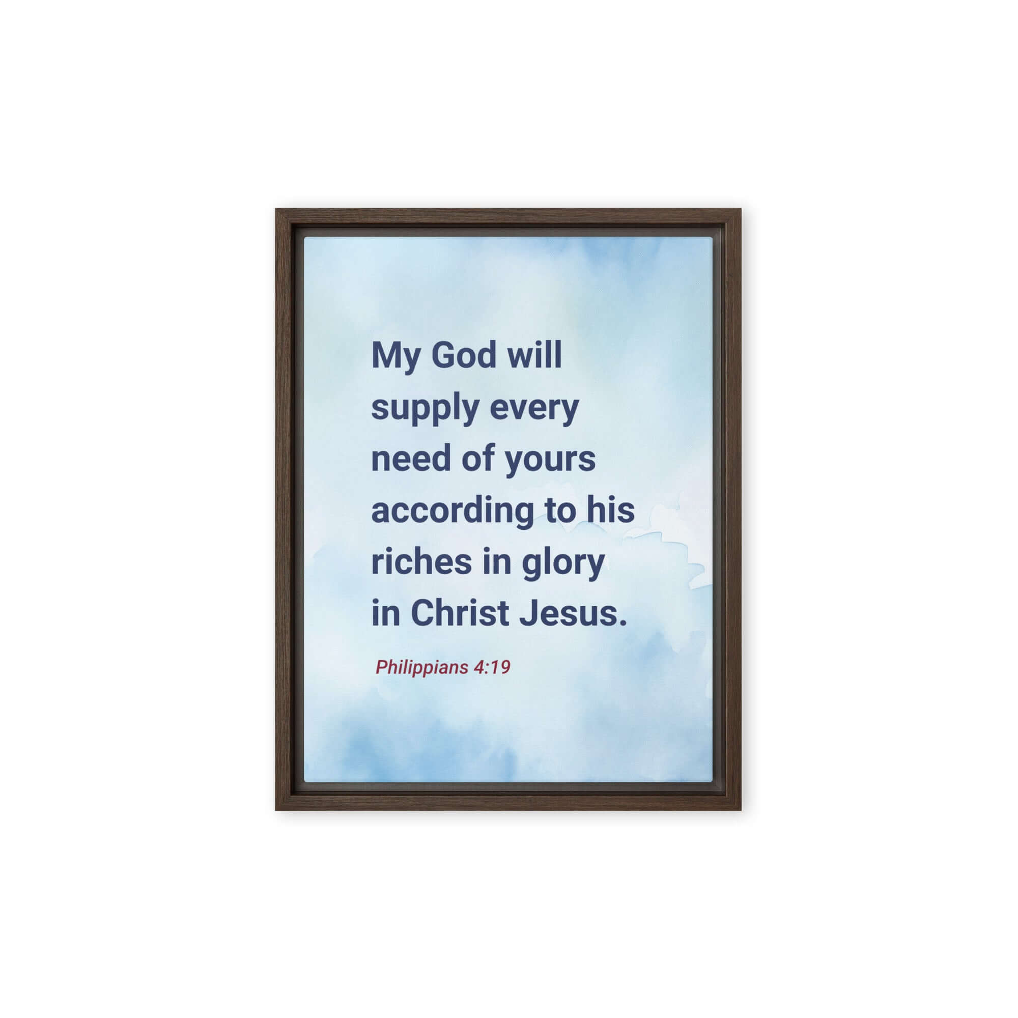 Philippians 4:19 Bible Verse, God will supply Framed Canvas Print Wall Art Brown 9″×12″