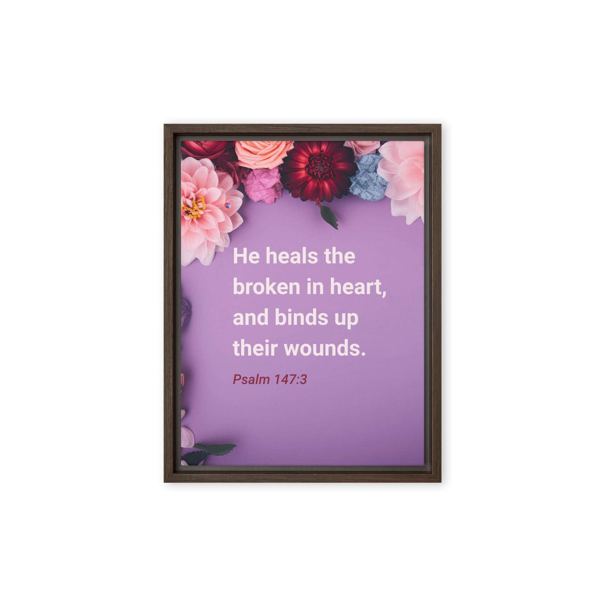 Psalm 147:3 Bible Verse, He heals the broken Framed Canvas Print Wall Art Brown 9″×12″