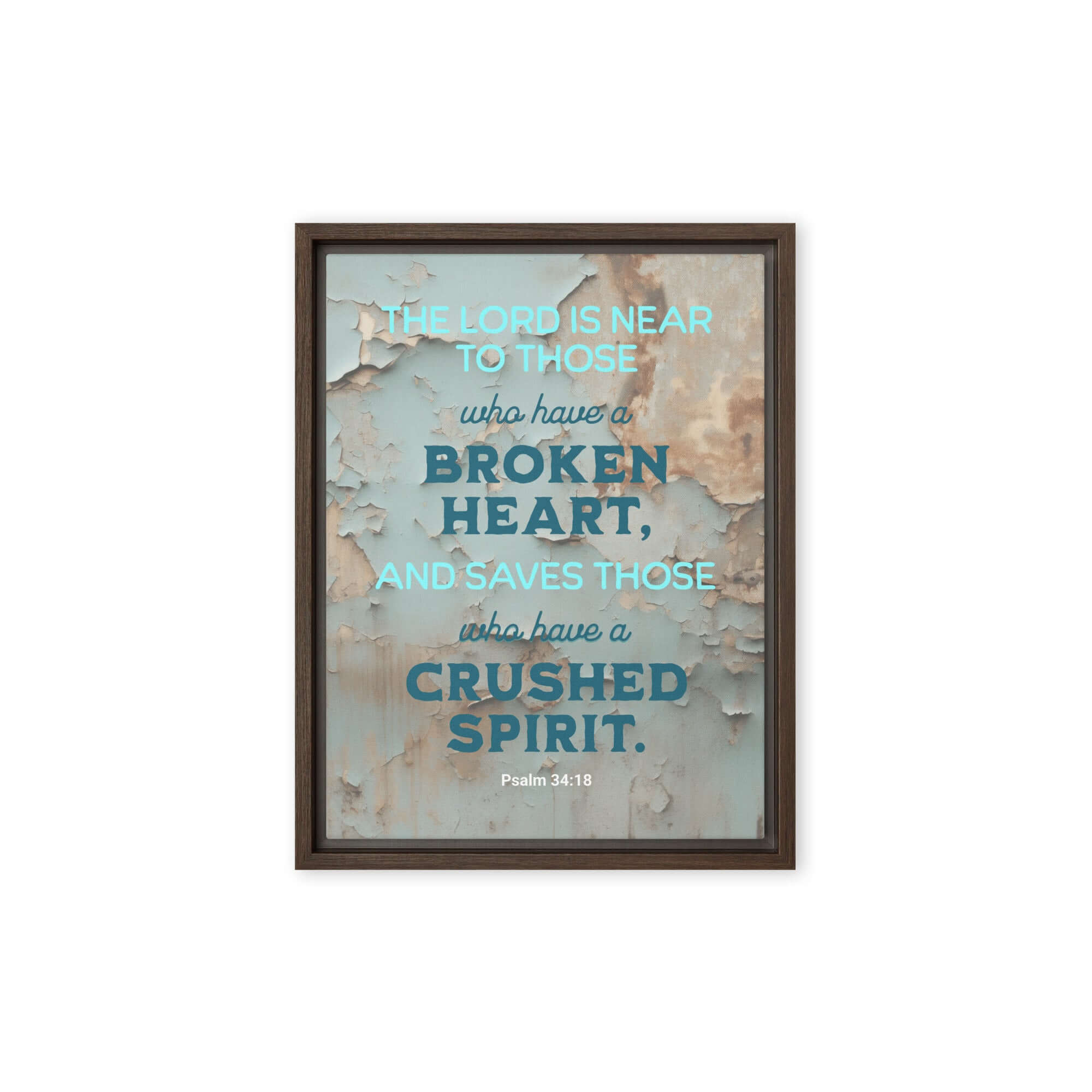 Psalm 34:18 Bible Verse, The LORD is Near Framed Canvas Print Wall Art Brown 9″×12″