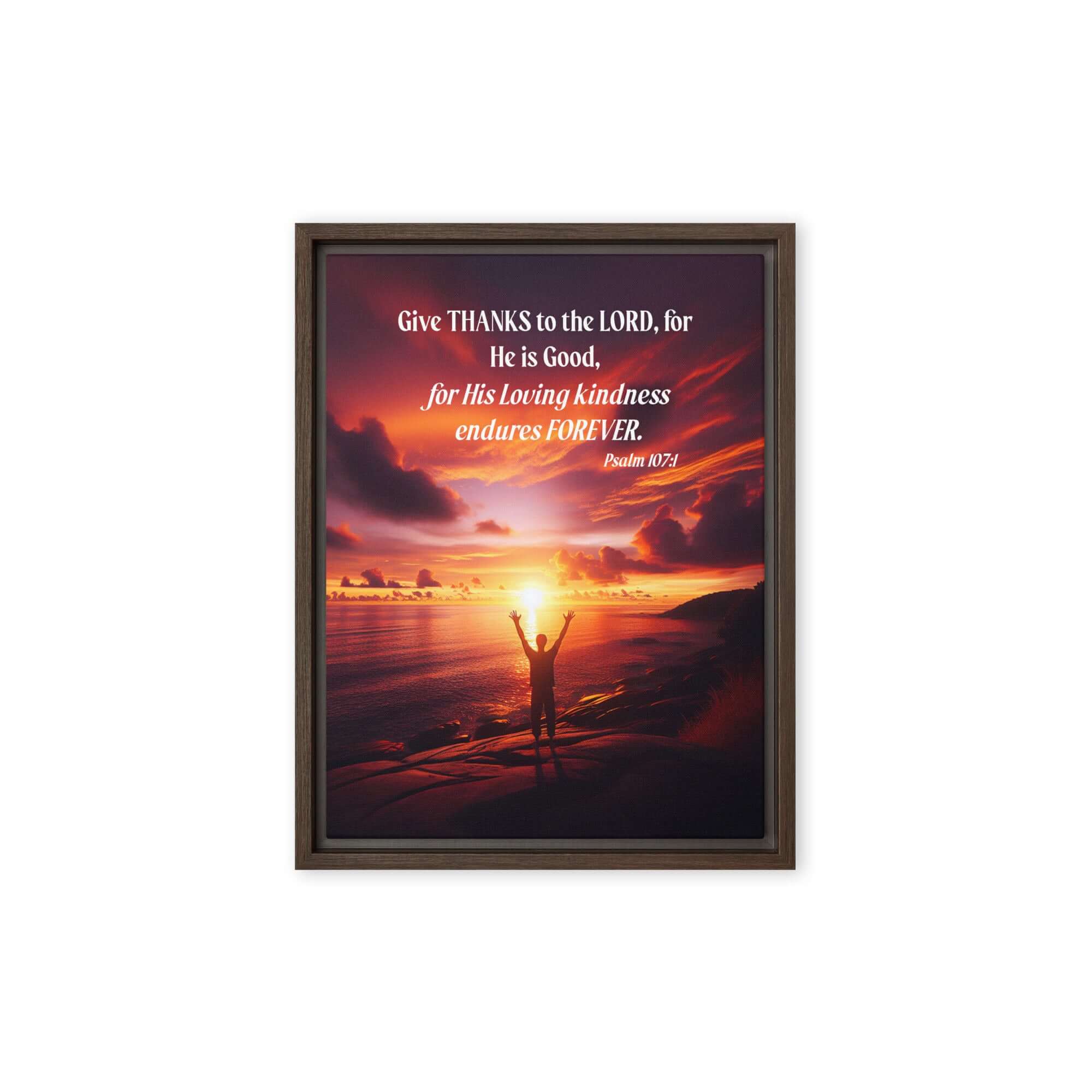 Psalm 107:1 Bible Verse, Give Thanks to the Lord Framed Canvas Print Wall Art Brown 9″×12″