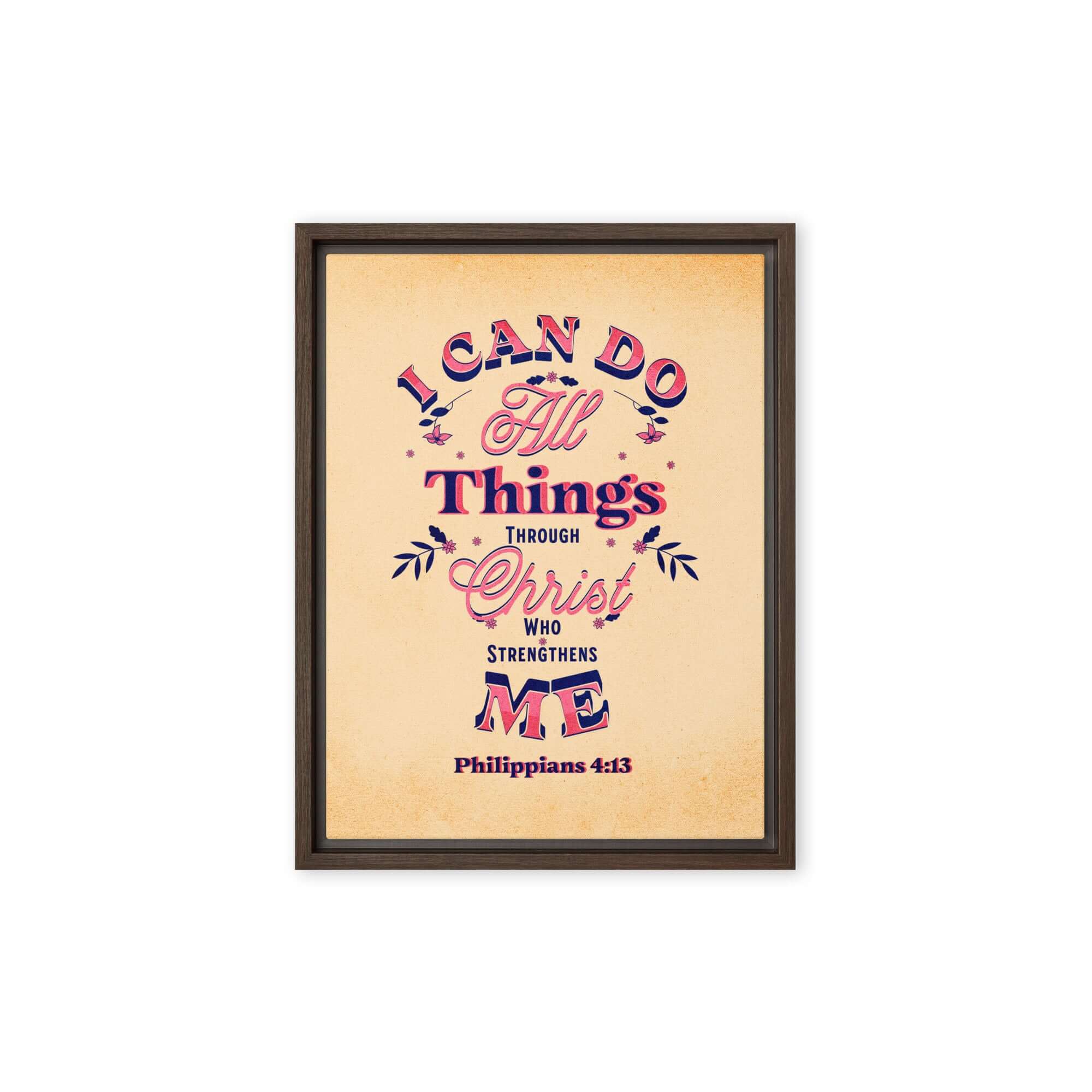 Philippians 4:13 Bible Verse, Christ Strengthens Me Framed Canvas Print Wall Art Brown 9″×12″
