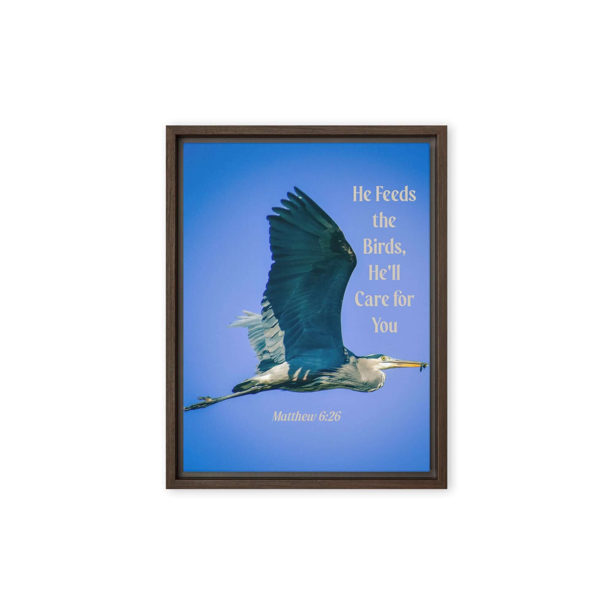 Matthew 6:26 Graceful Heron, He'll Care for You Framed Canvas Print Wall Art Brown 9″×12″