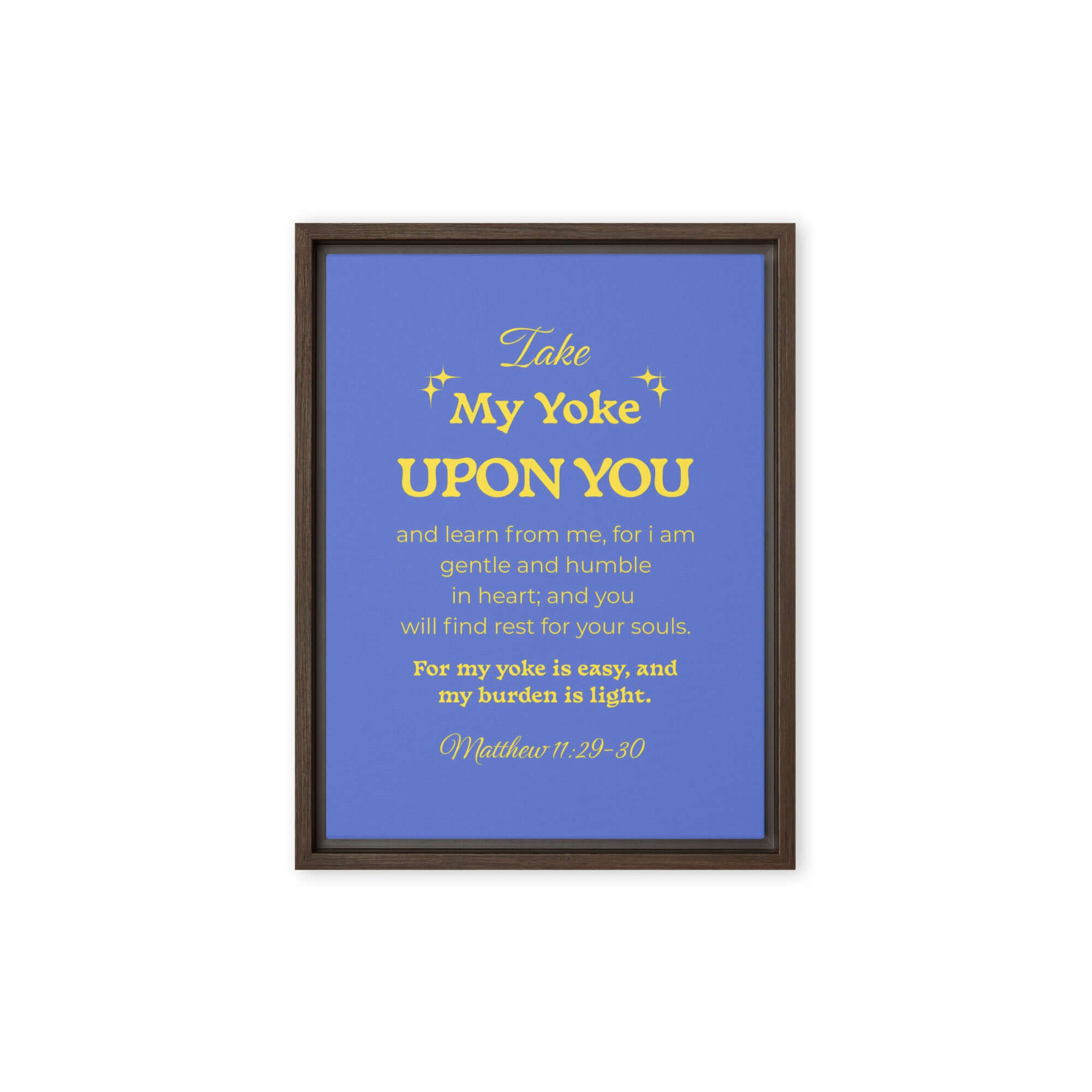 Matthew 11:29-30 Bible Verse, Take my yoke Framed Canvas Print Wall Art Brown 9″×12″