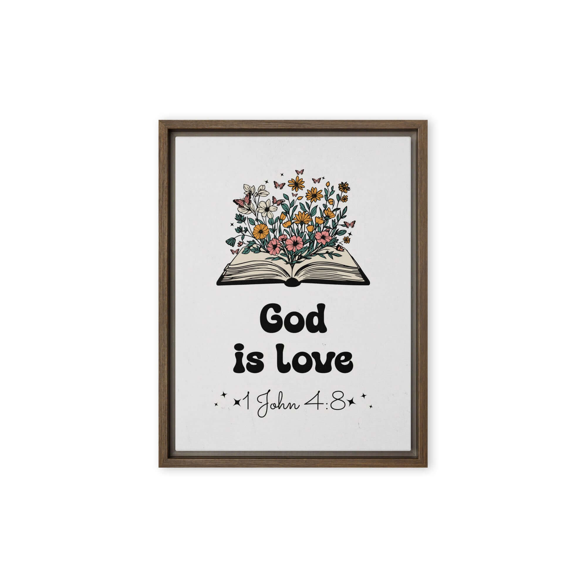 1 John 4:8 Bible Verse, God is Love Framed Canvas Print Wall Art Brown 9″×12″