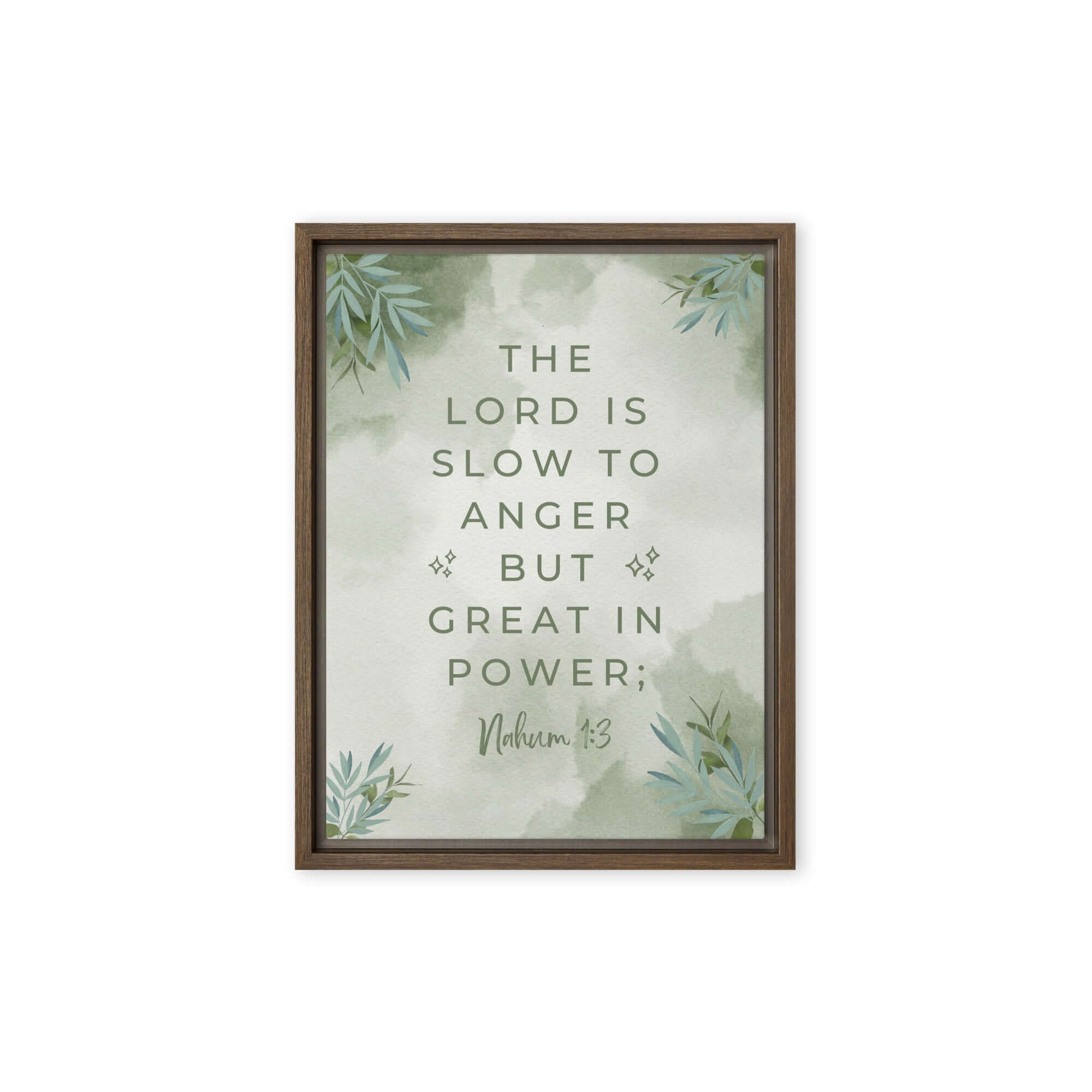 Nahum 1:3 Bible Verse, The Lord is slow Framed Canvas Print Wall Art Brown 9″×12″