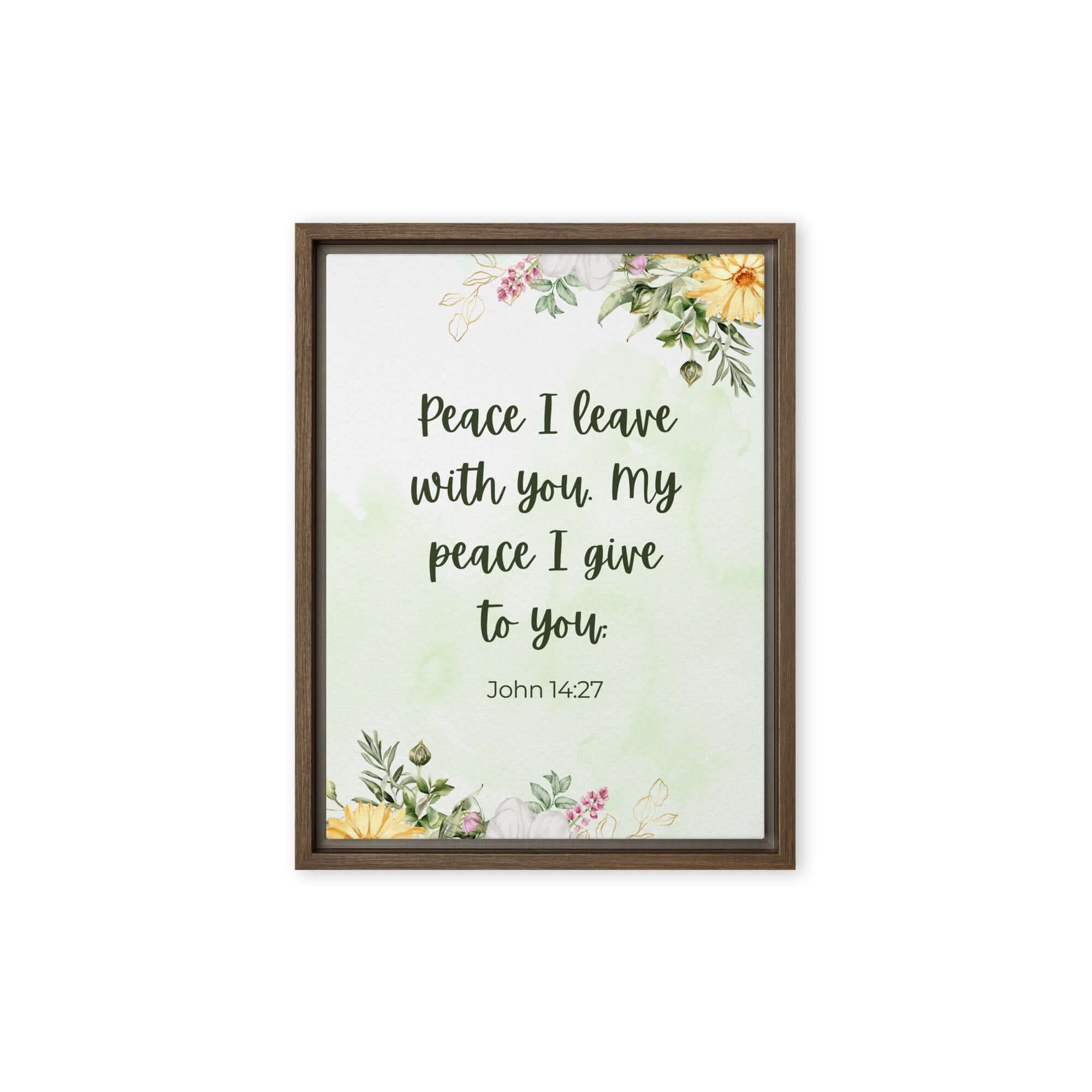 John 14:27 Bible Verse, My peace Framed Canvas Print Wall Art Brown 9″×12″