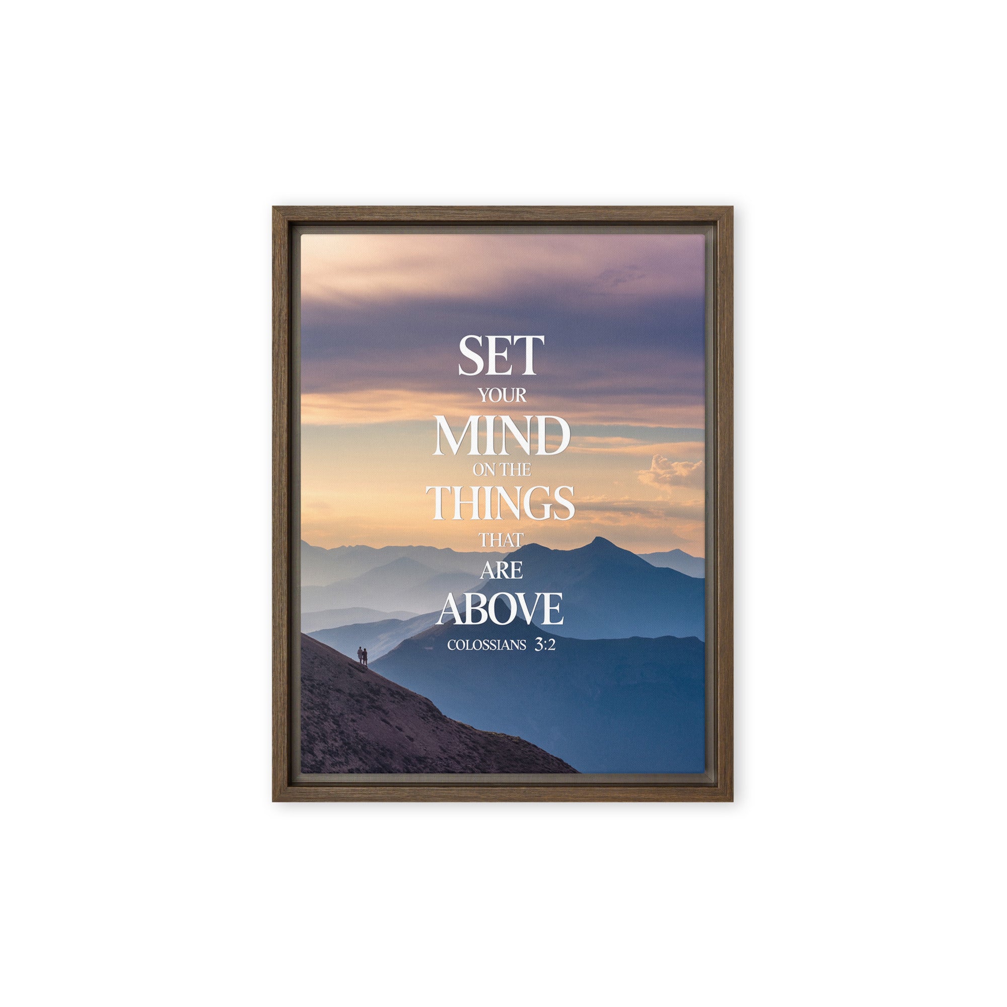 Colossians 3:2 Bible Verse things that Framed Canvas Brown 9″×12″