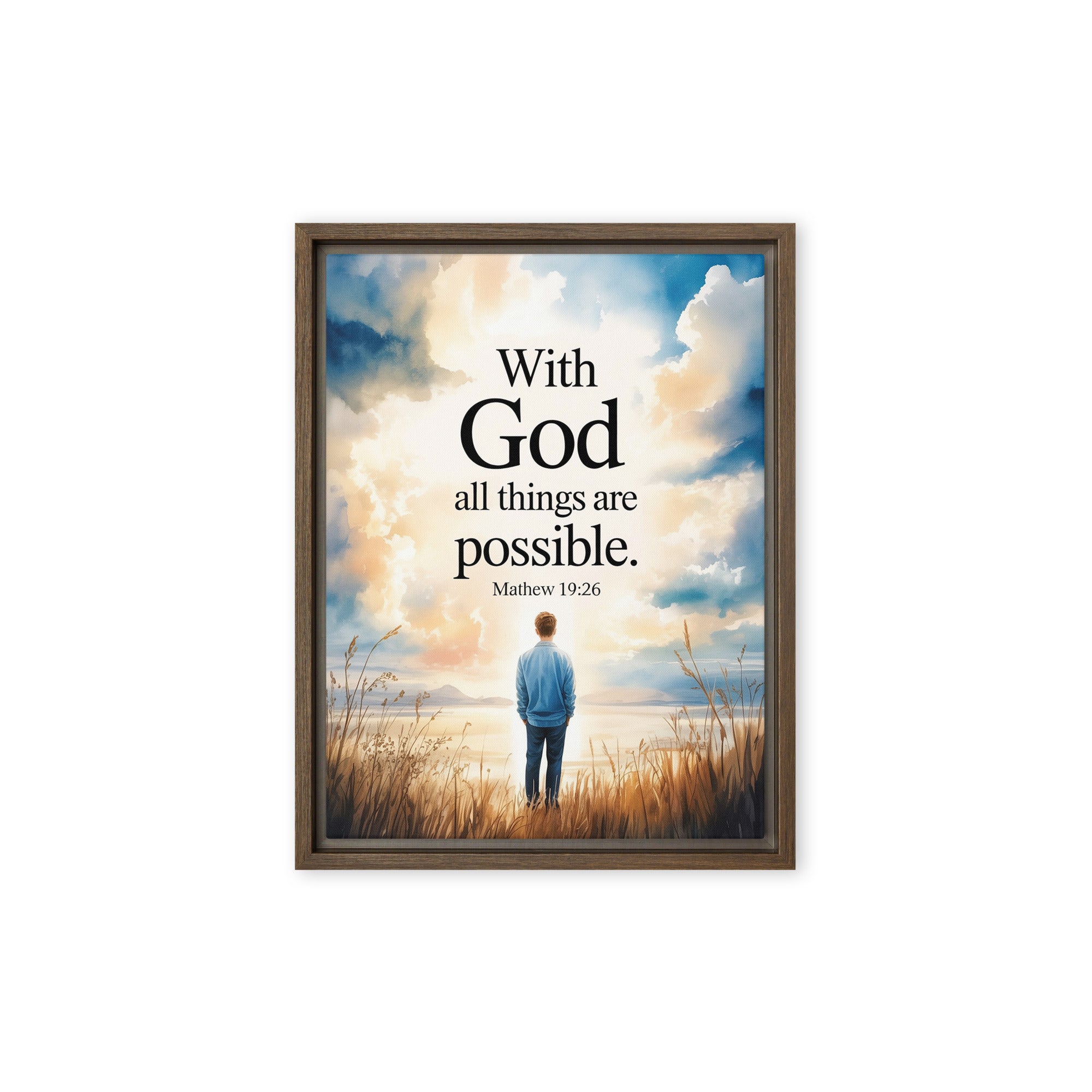 Matthew 19:26 Bible Verse Jesus Framed Canvas Brown 9″×12″
