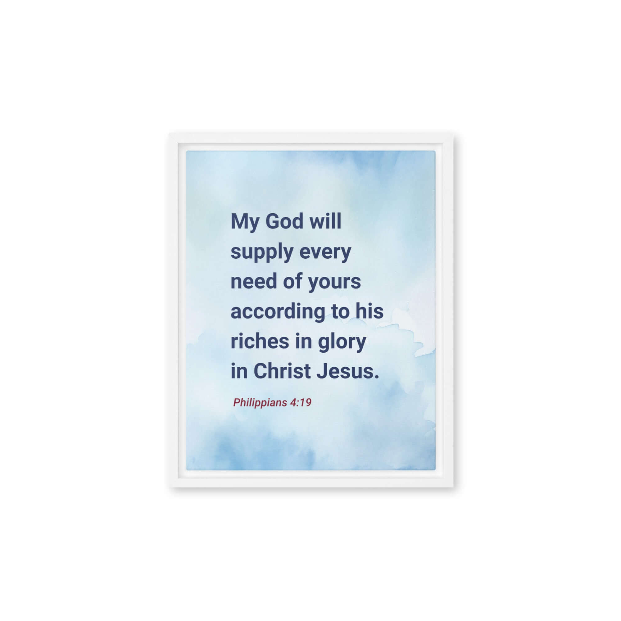 Philippians 4:19 Bible Verse, God will supply Framed Canvas Print Wall Art White 11″×14″