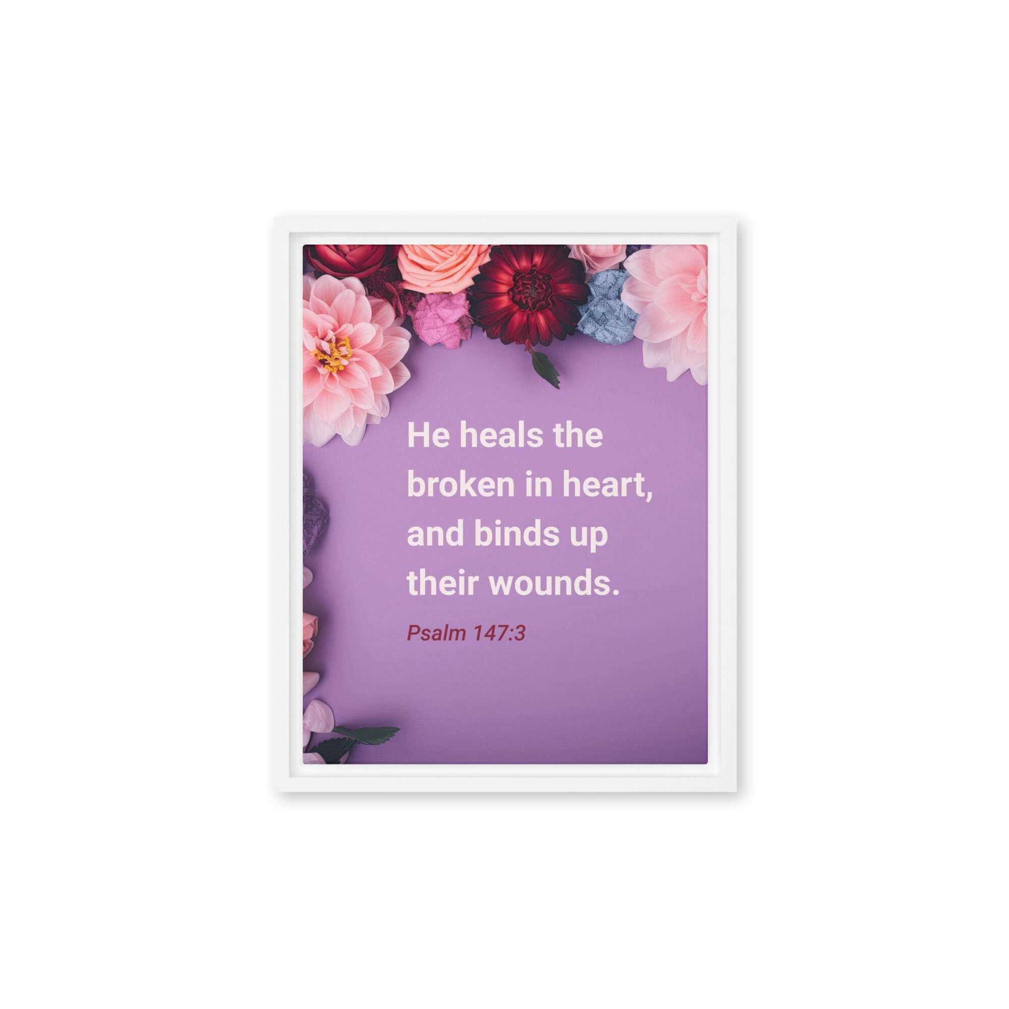 Psalm 147:3 Bible Verse, He heals the broken Framed Canvas Print Wall Art White 11″×14″