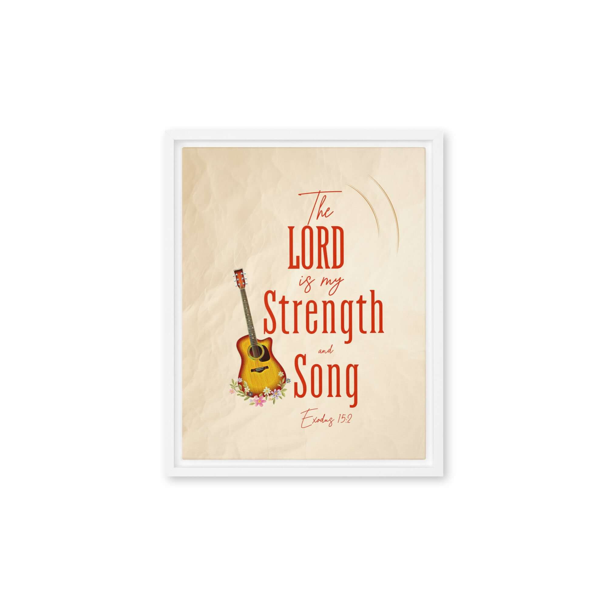 Exodus 15:2 Bible Verse, The LORD is my strength Framed Canvas Print Wall Art White 11″×14″