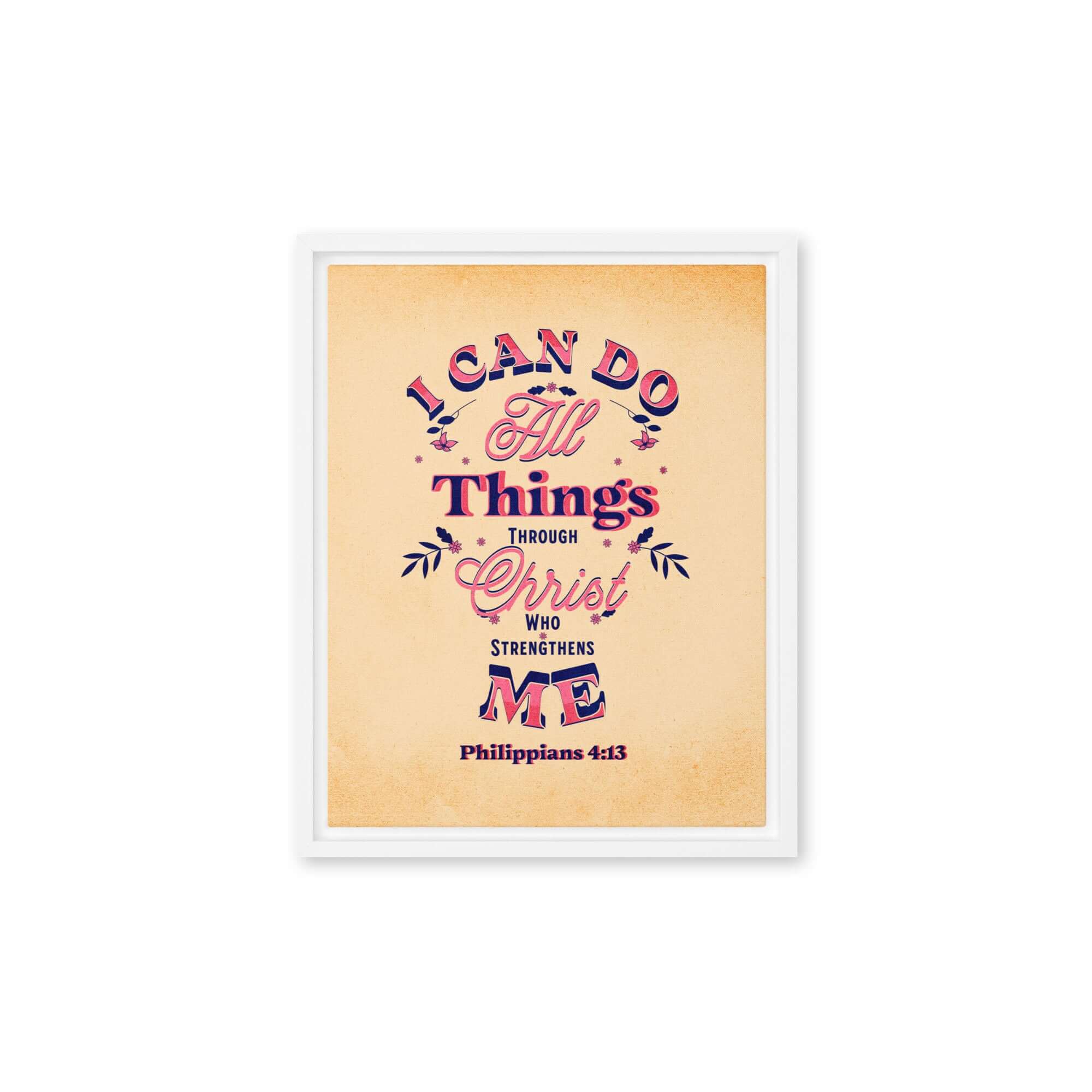 Philippians 4:13 Bible Verse, Christ Strengthens Me Framed Canvas Print Wall Art White 11″×14″
