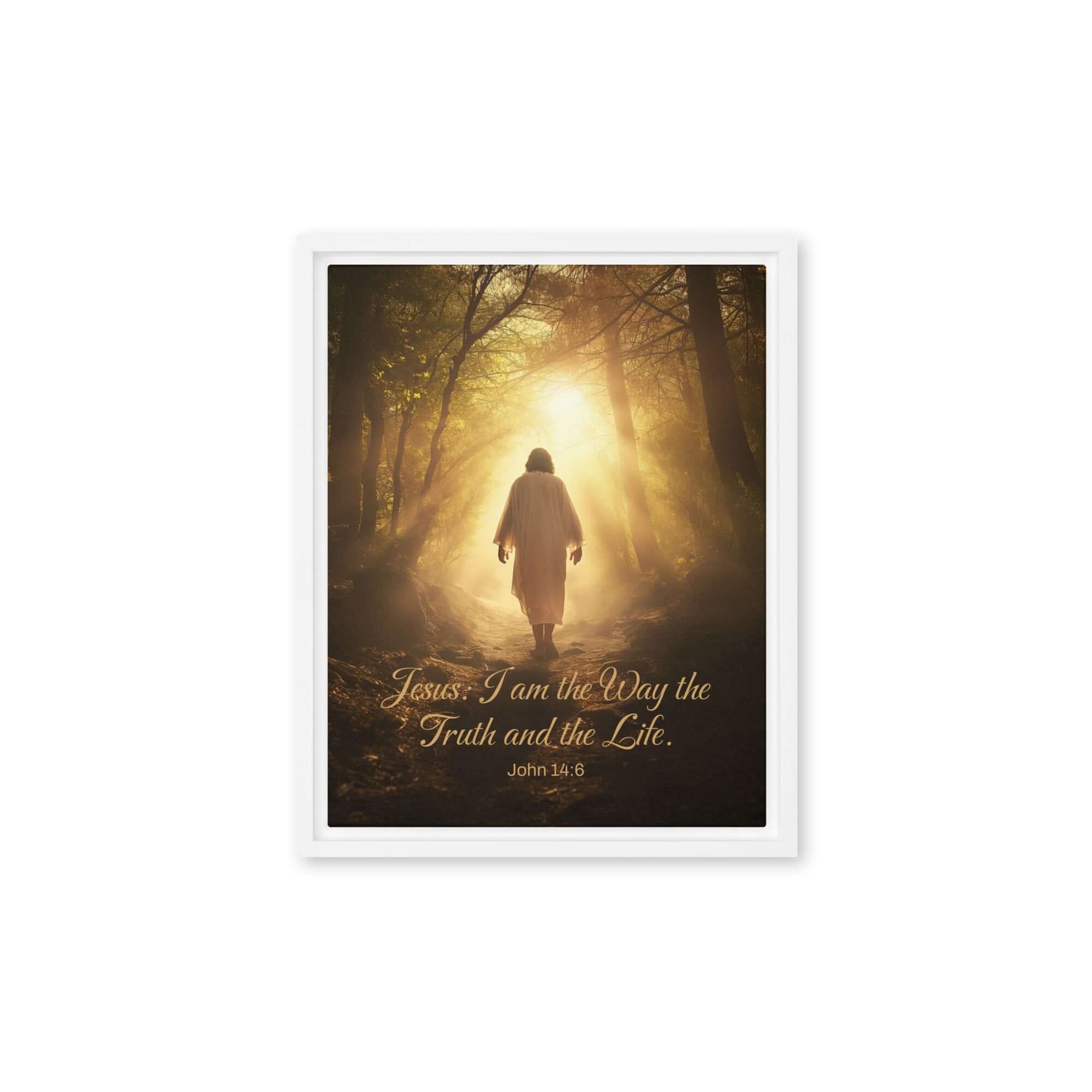 John 14:6 Bible Verse, Forest Image Framed Canvas Print Wall Art White 11″×14″