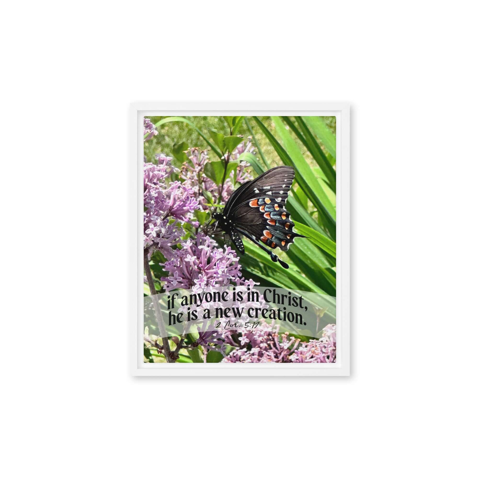 2 Corinthians 5:17 Bible Verse, Butterfly Framed Canvas Print Wall Art White 11″×14″