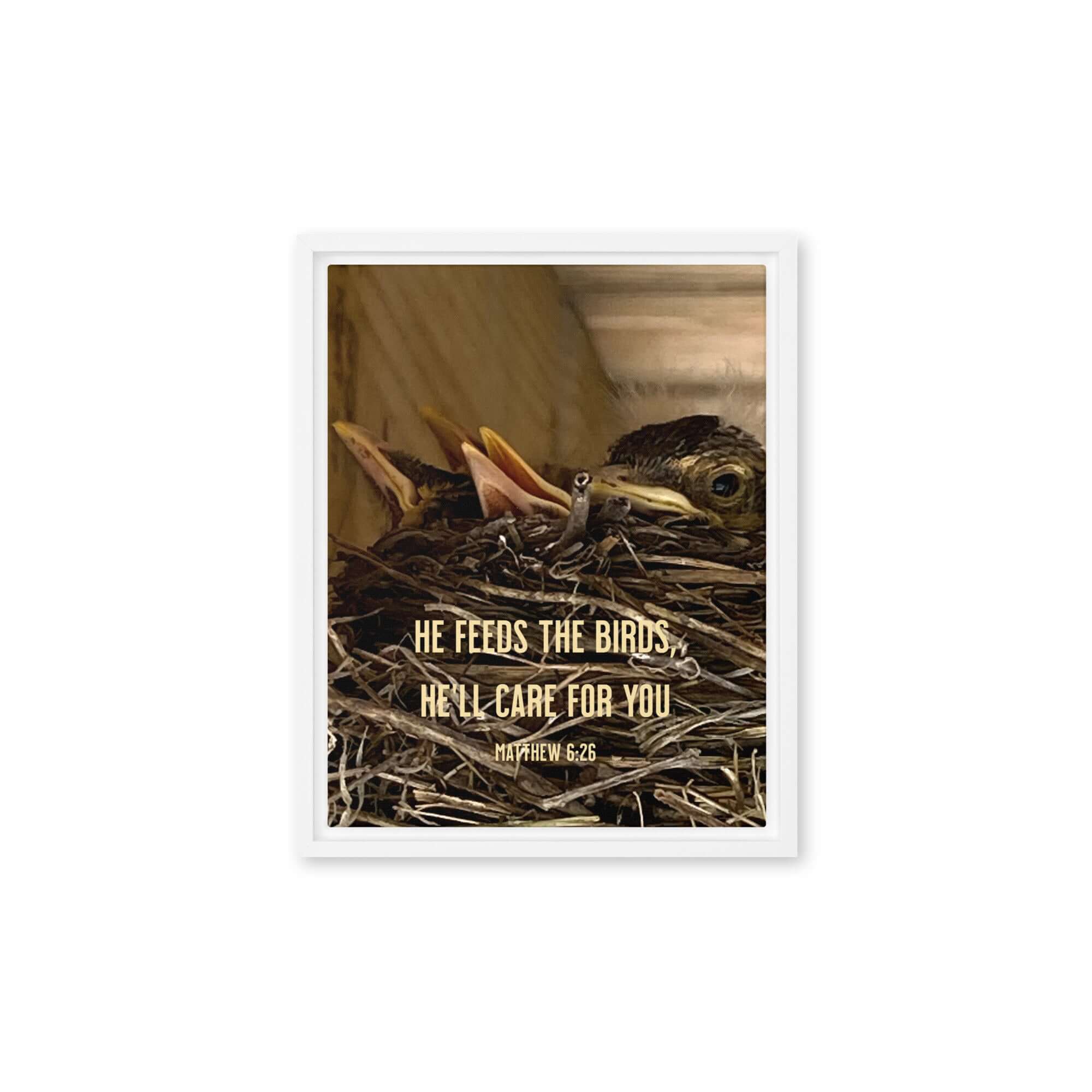 Matthew 6:26 Baby Robins, He'll Care for You Framed Canvas Print Wall Art White 11″×14″