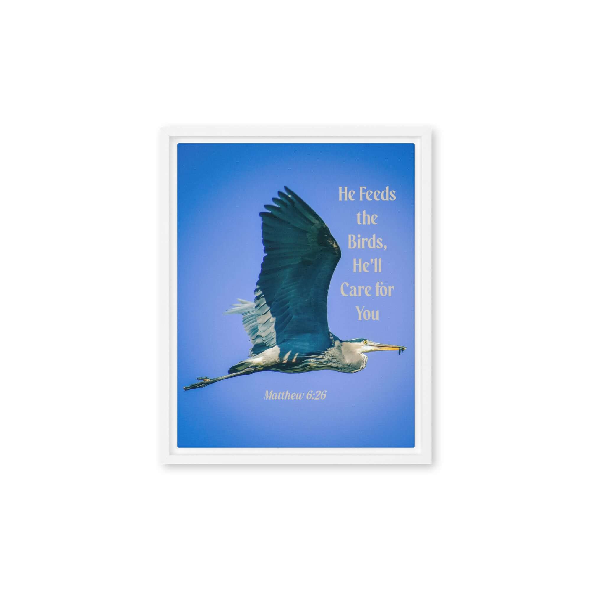 Matthew 6:26 Graceful Heron, He'll Care for You Framed Canvas Print Wall Art White 11″×14″