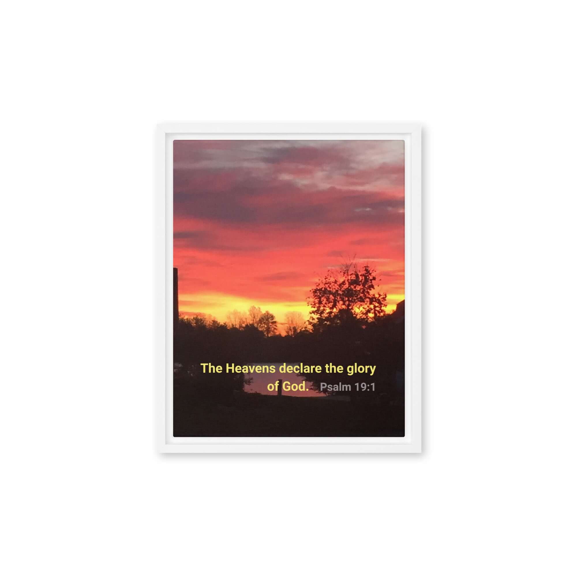 Psalm 19:1 Bible Verse, Sunset Glory Framed Canvas Print Wall Art White 11″×14″