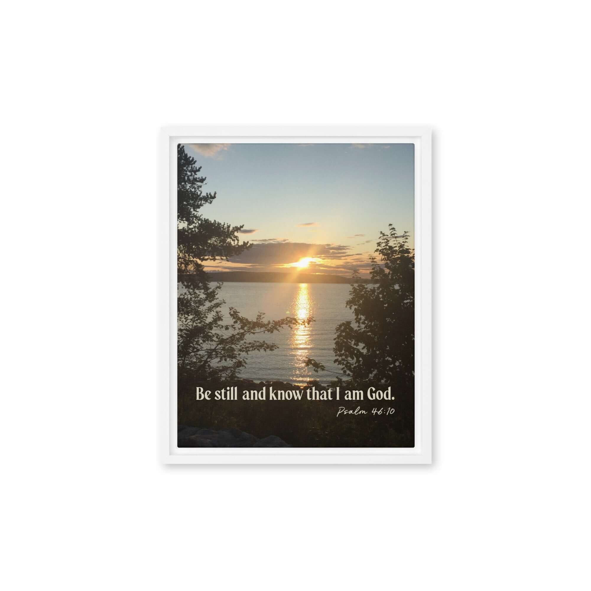 Psalm 46:10 Bible Verse, Sunset Glory Framed Canvas Print Wall Art White 11″×14″