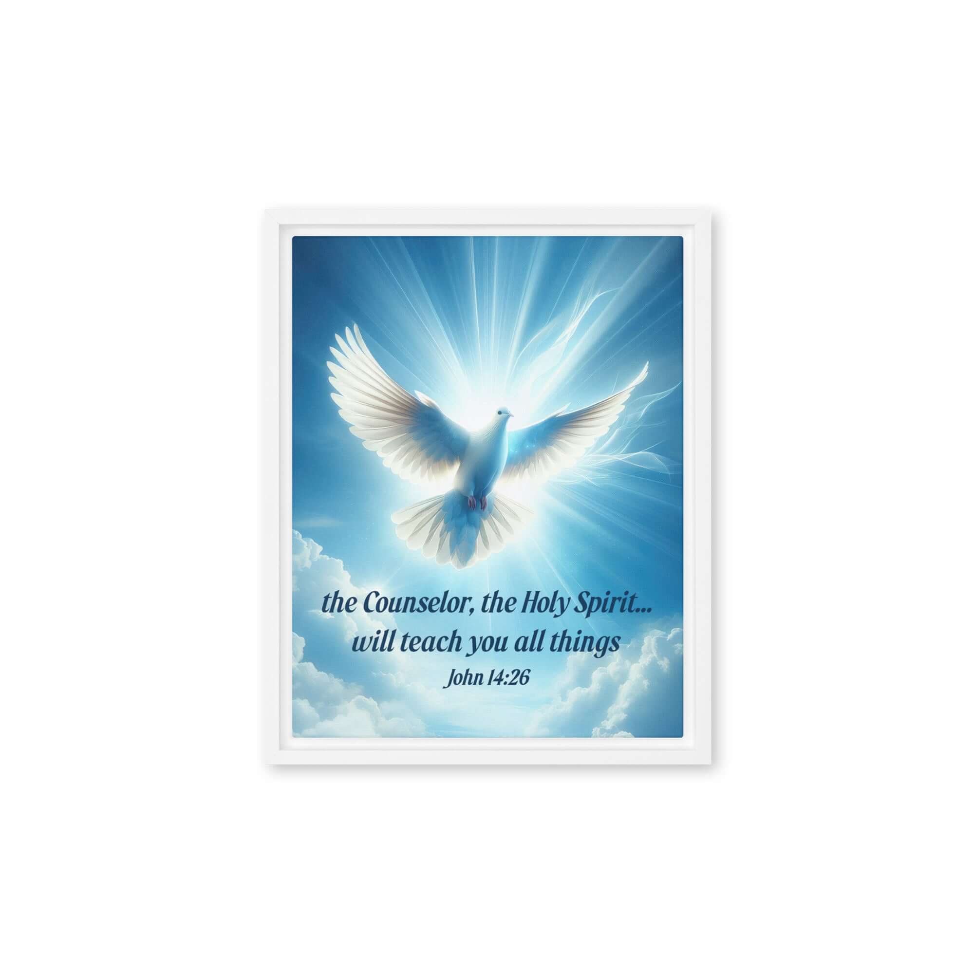 John 14:26 Bible Verse, Holy Spirit Dove Framed Canvas Print Wall Art White 11″×14″