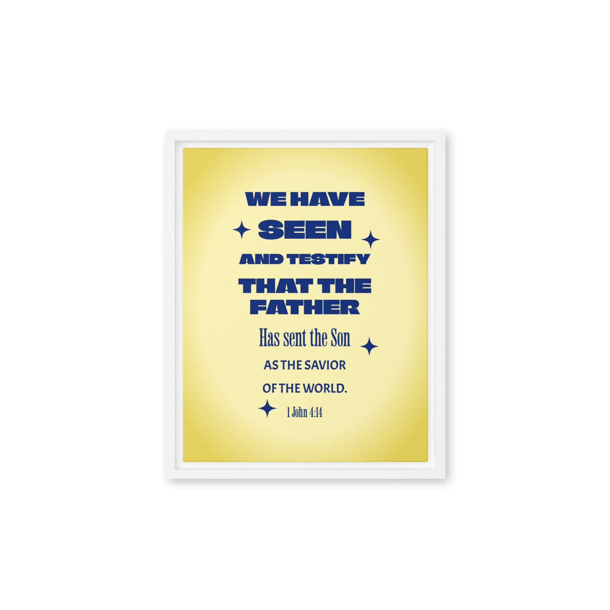 1 John 4:14 Bible Verse, Savior of the world Framed Canvas Print Wall Art White 11″×14″