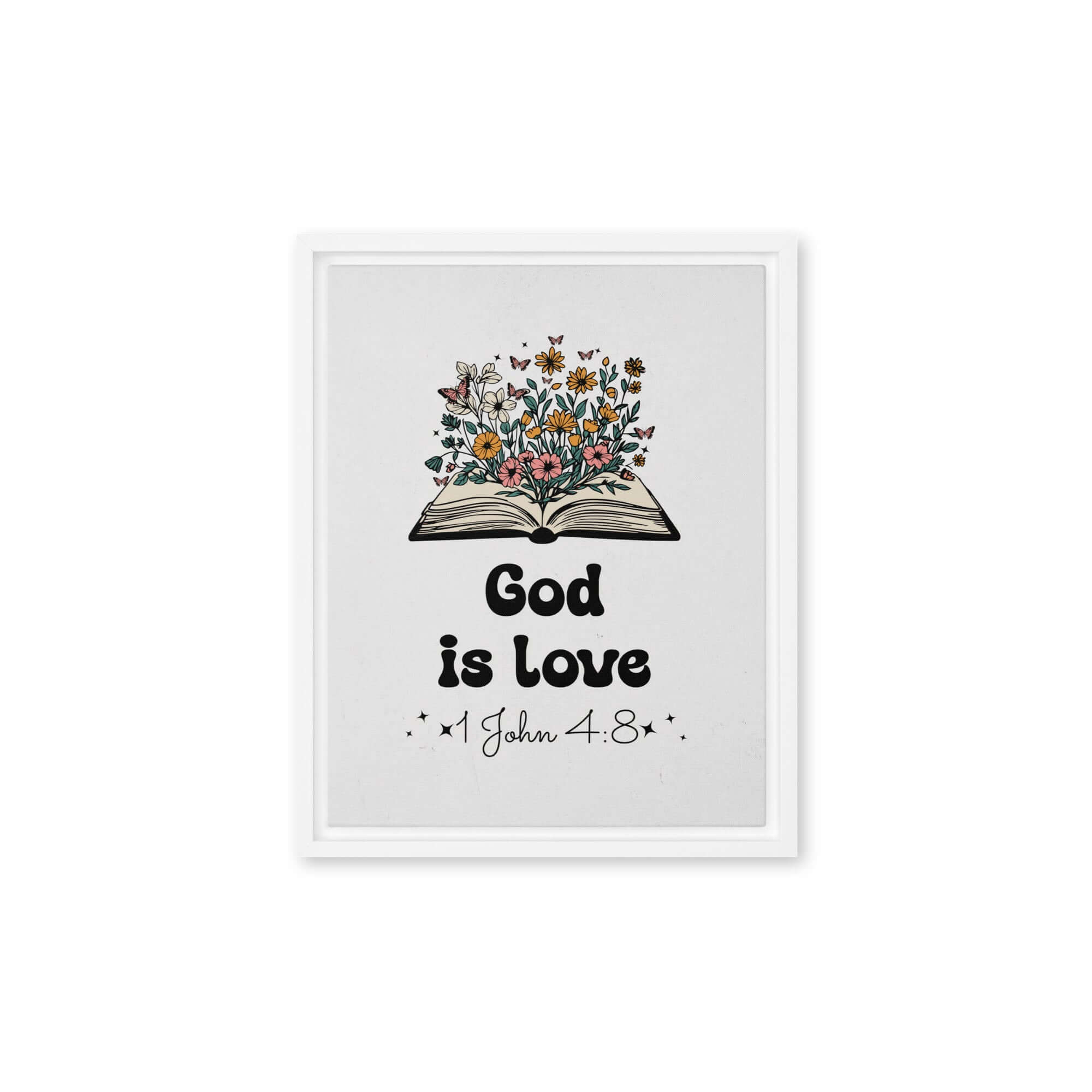 1 John 4:8 Bible Verse, God is Love Framed Canvas Print Wall Art White 11″×14″