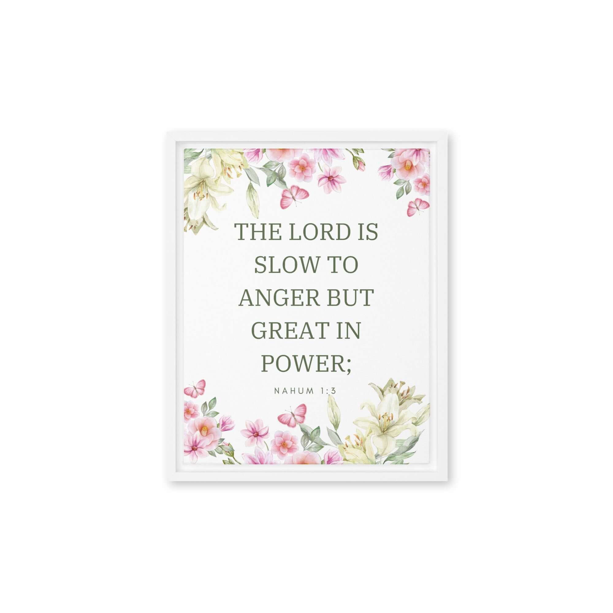 Nahum 1:3 Bible Verse, slow to anger Framed Canvas Print Wall Art White 11″×14″