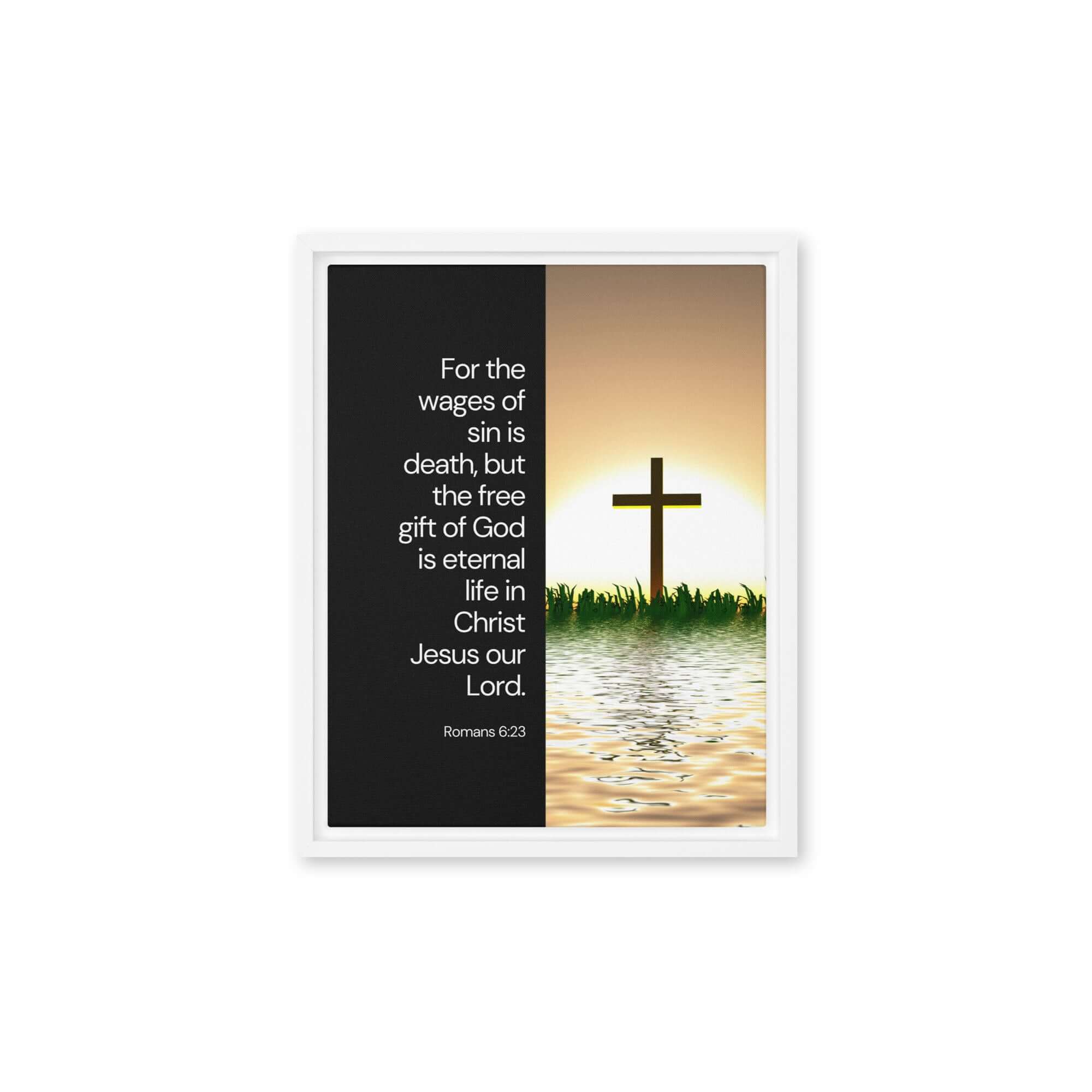 Romans 6:23 Bible Verse, the wages Framed Canvas Print Wall Art White 11″×14″