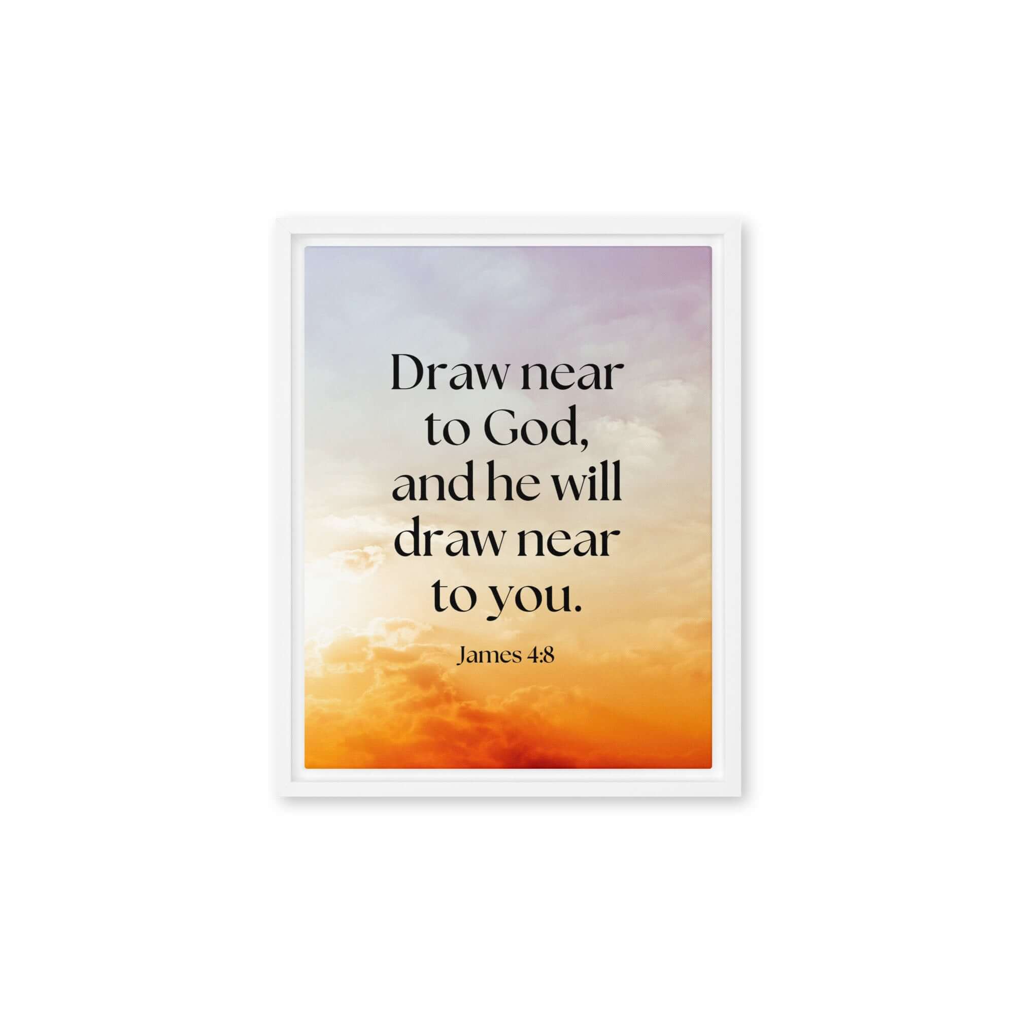 James 4:8 Bible Verse, he will draw Framed Canvas Print Wall Art White 11″×14″