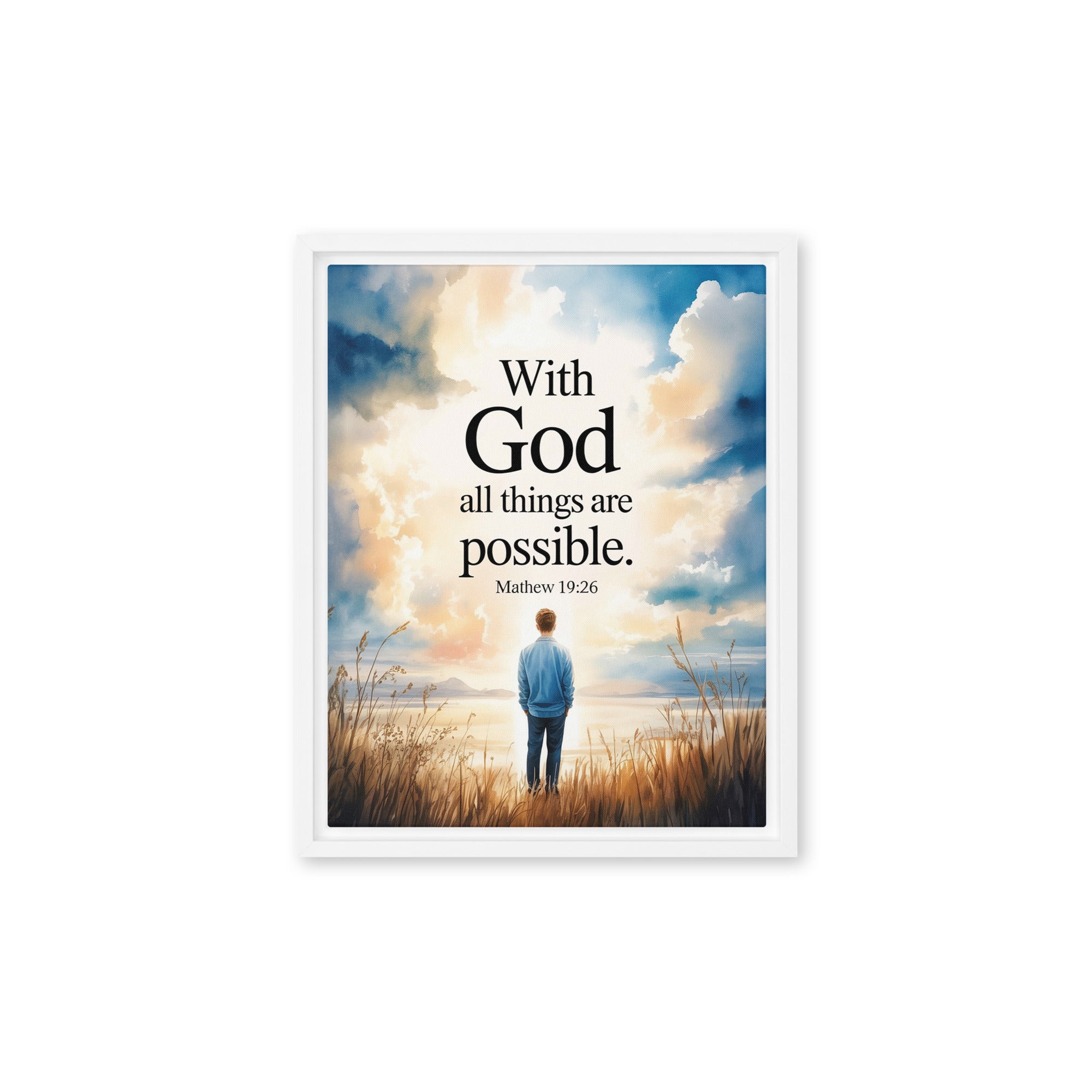 Matthew 19:26 Bible Verse Jesus Framed Canvas White 11″×14″