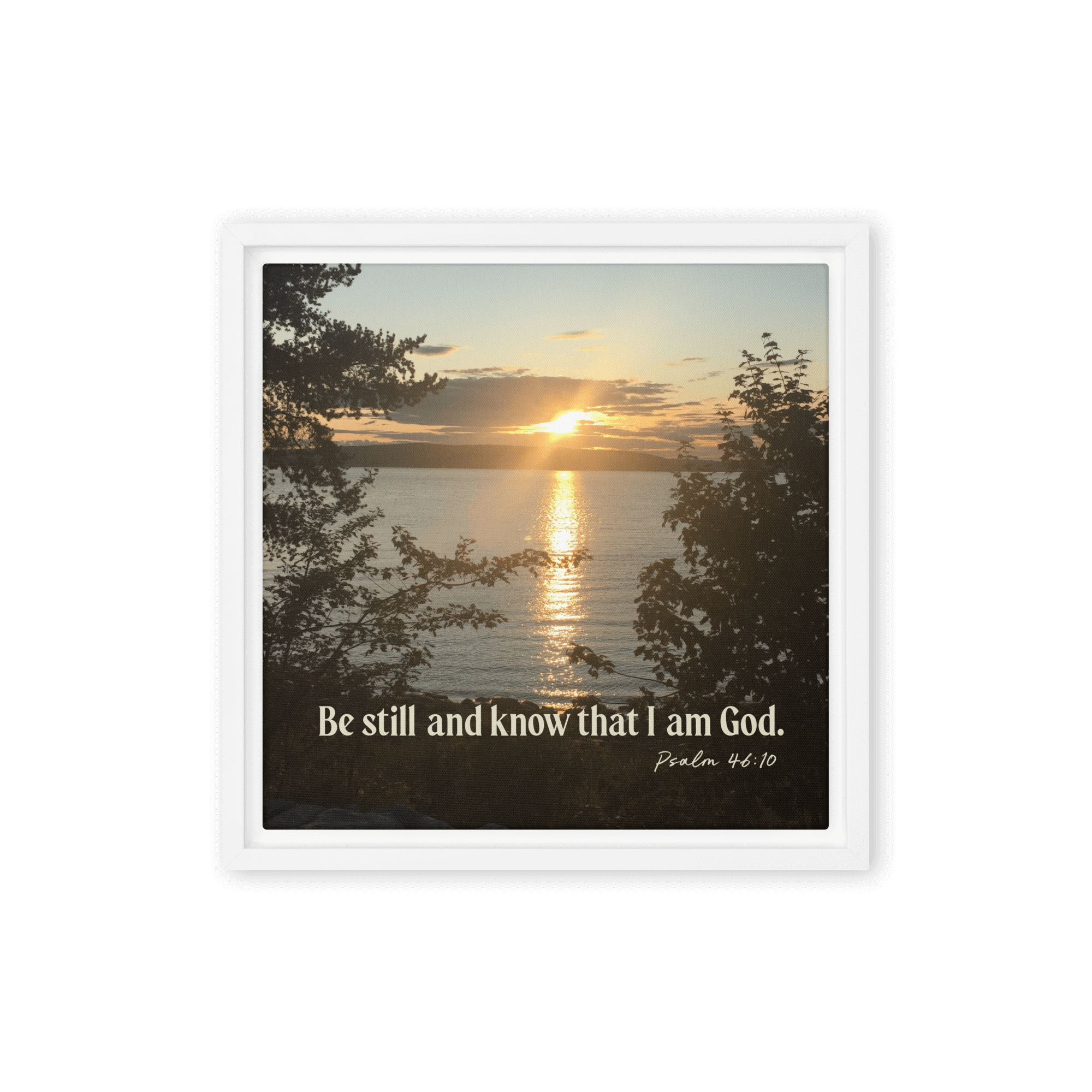 Psalm 46:10 Bible Verse, Sunset Glory Framed Canvas Print Wall Art White 12″×12″