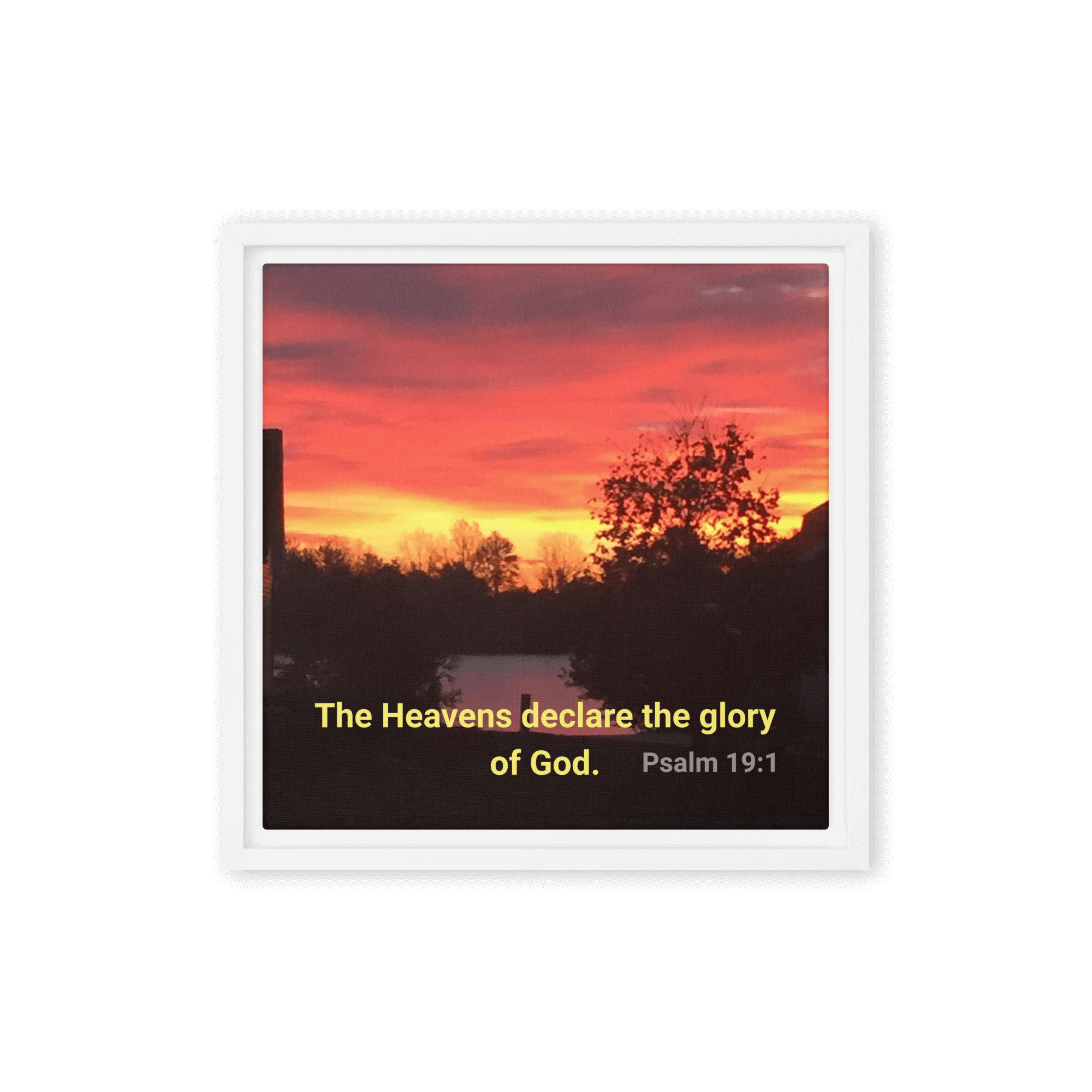Psalm 19:1 Bible Verse, Sunset Glory Framed Canvas Print Wall Art White 12″×12″