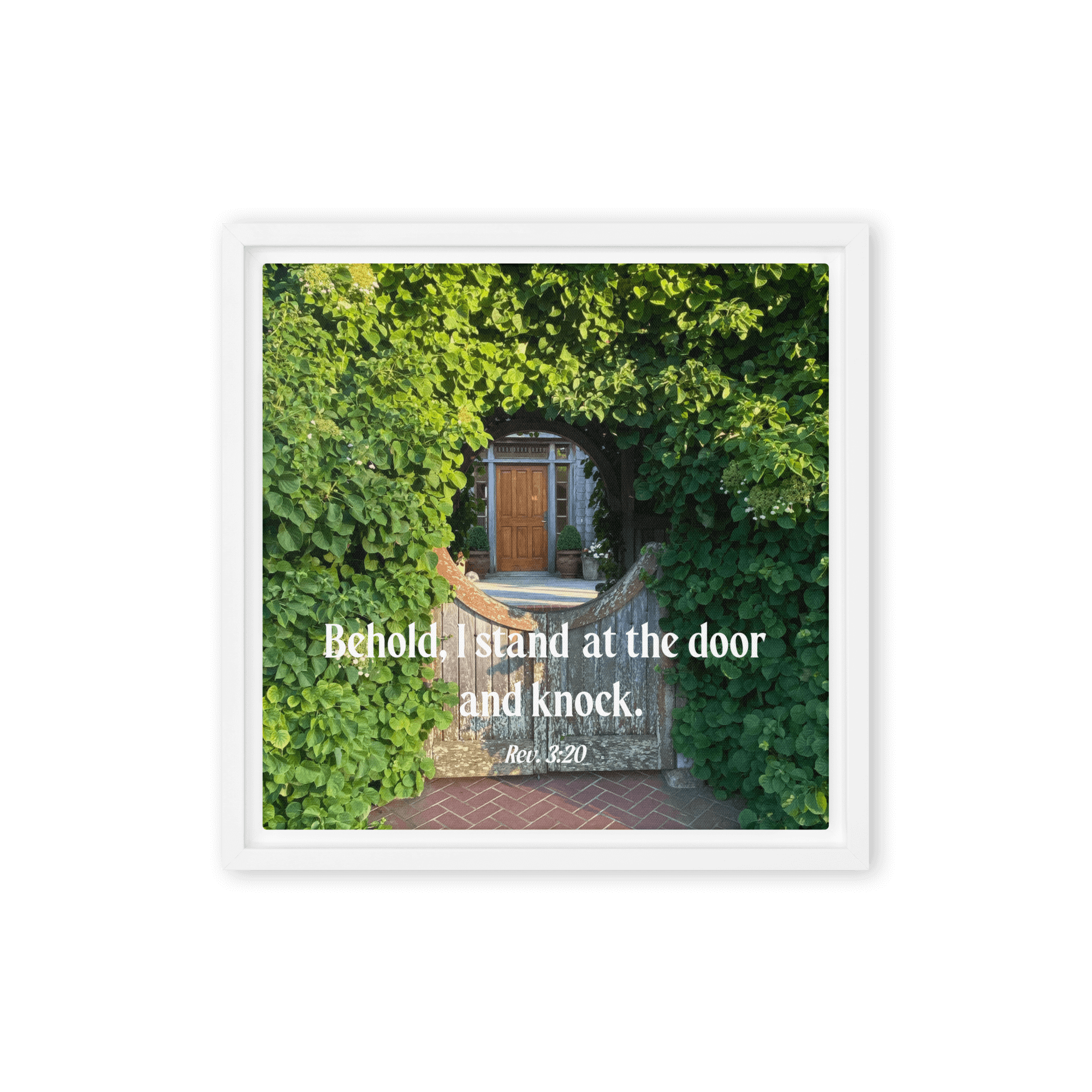 Revelation 3:20 Bible Verse, Garden Doorway Framed Canvas Print Wall Art White 12″×12″