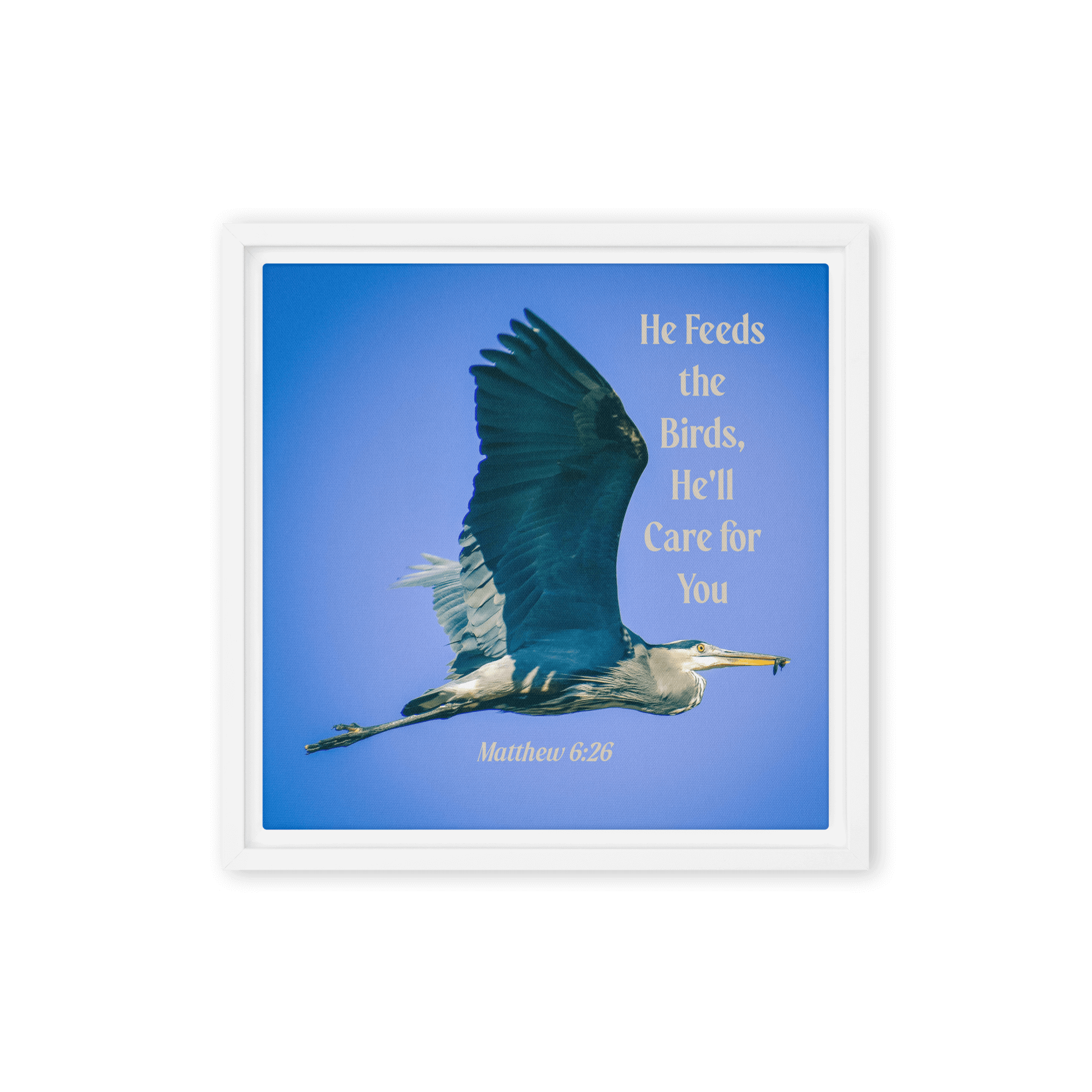 Matthew 6:26 Graceful Heron, He'll Care for You Framed Canvas Print Wall Art White 12″×12″