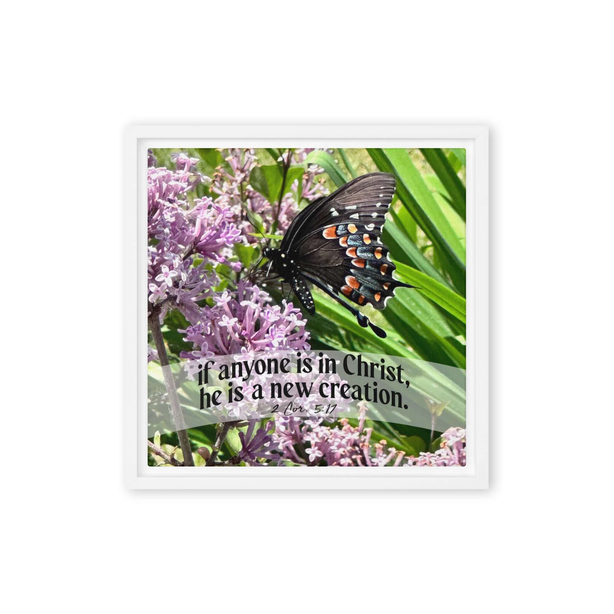 2 Corinthians 5:17 Bible Verse, Butterfly Framed Canvas Print Wall Art White 12″×12″