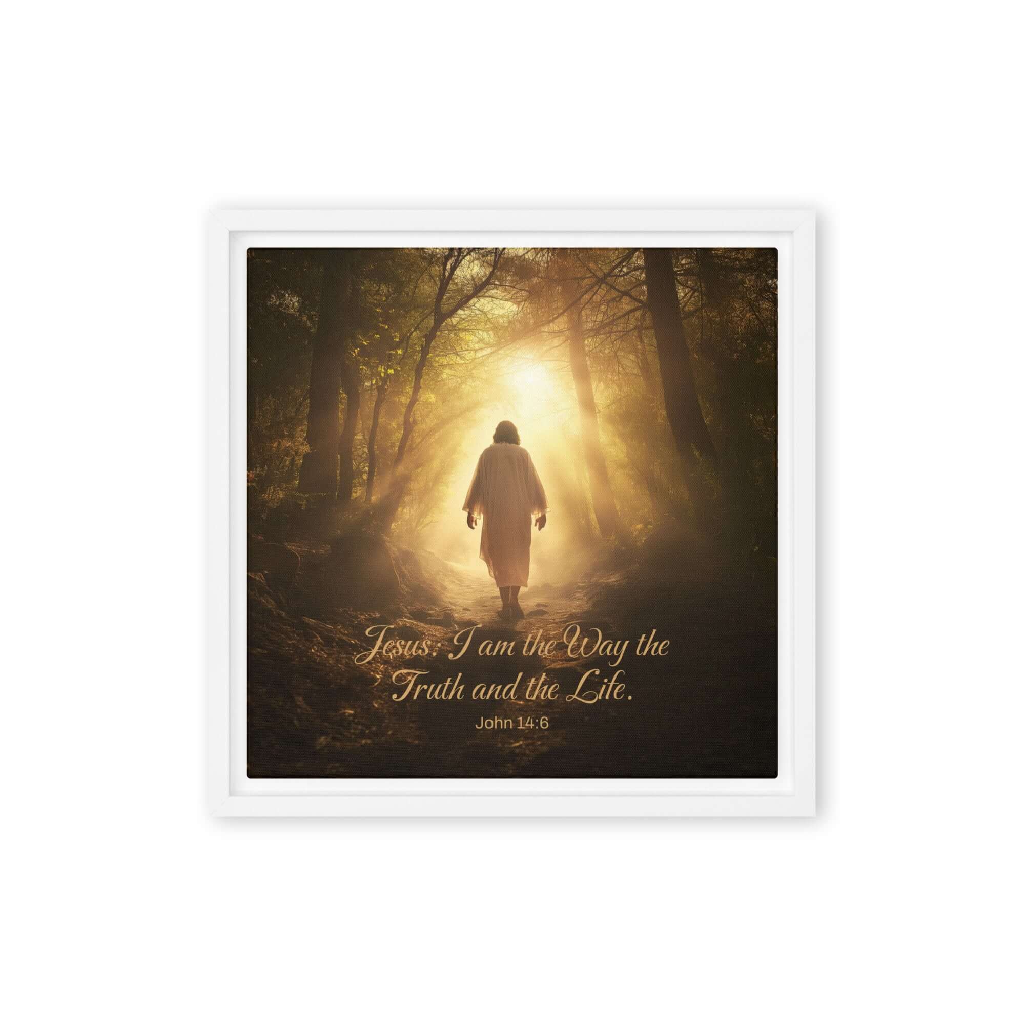 John 14:6 Bible Verse, Forest Image Framed Canvas Print Wall Art White 12″×12″
