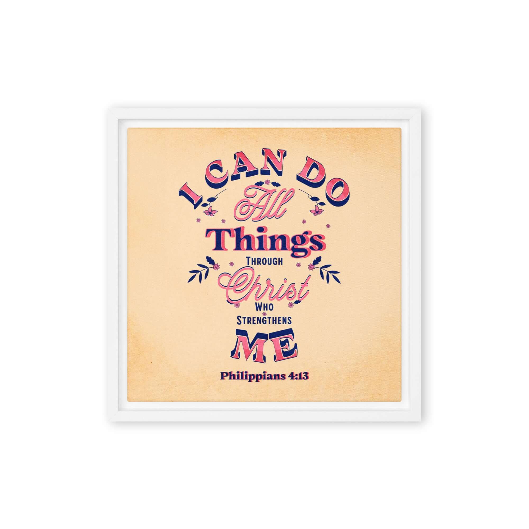 Philippians 4:13 Bible Verse, Christ Strengthens Me Framed Canvas Print Wall Art White 12″×12″