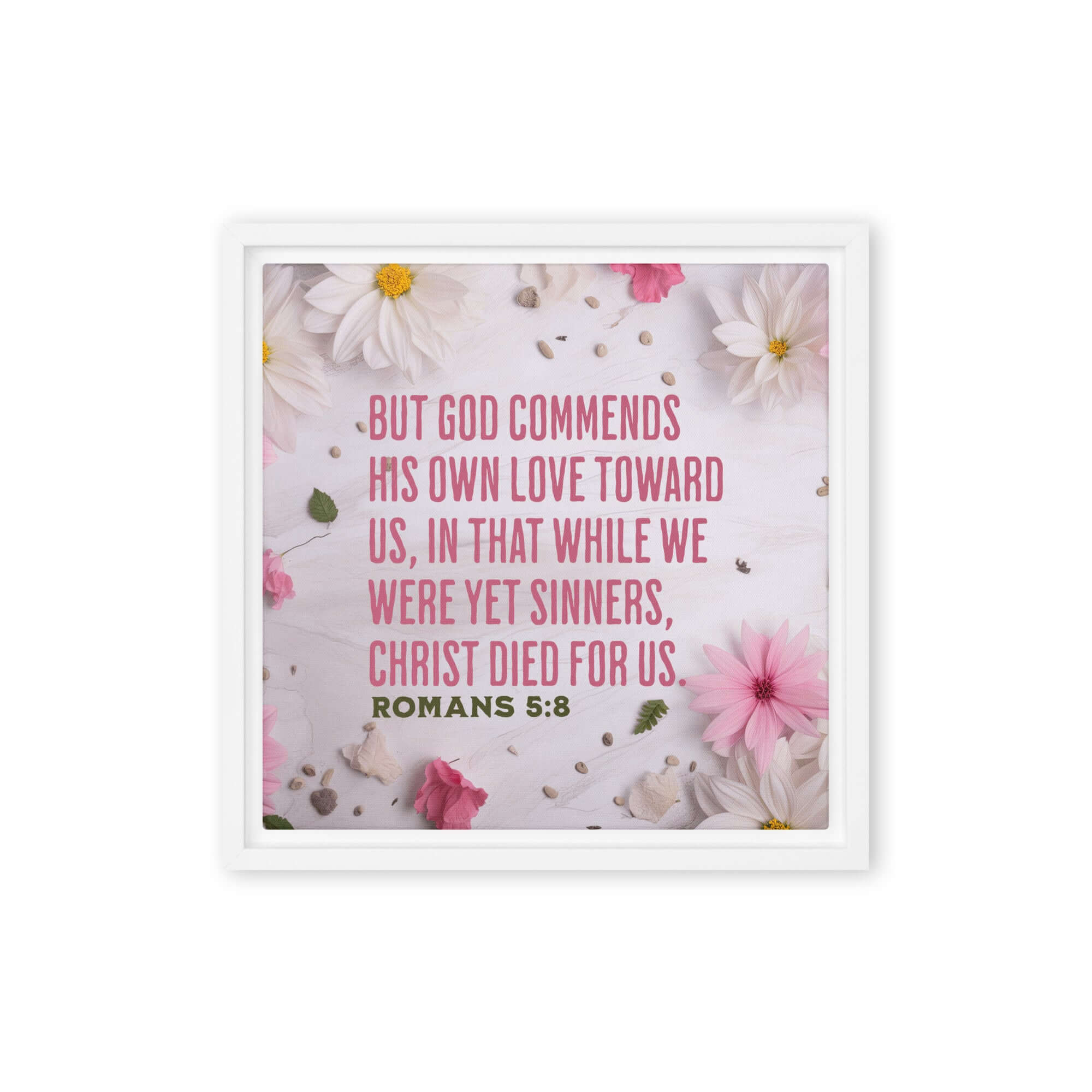 Romans 5:8 Bible Verse, Christ Died for Us Framed Canvas Print Wall Art White 12″×12″