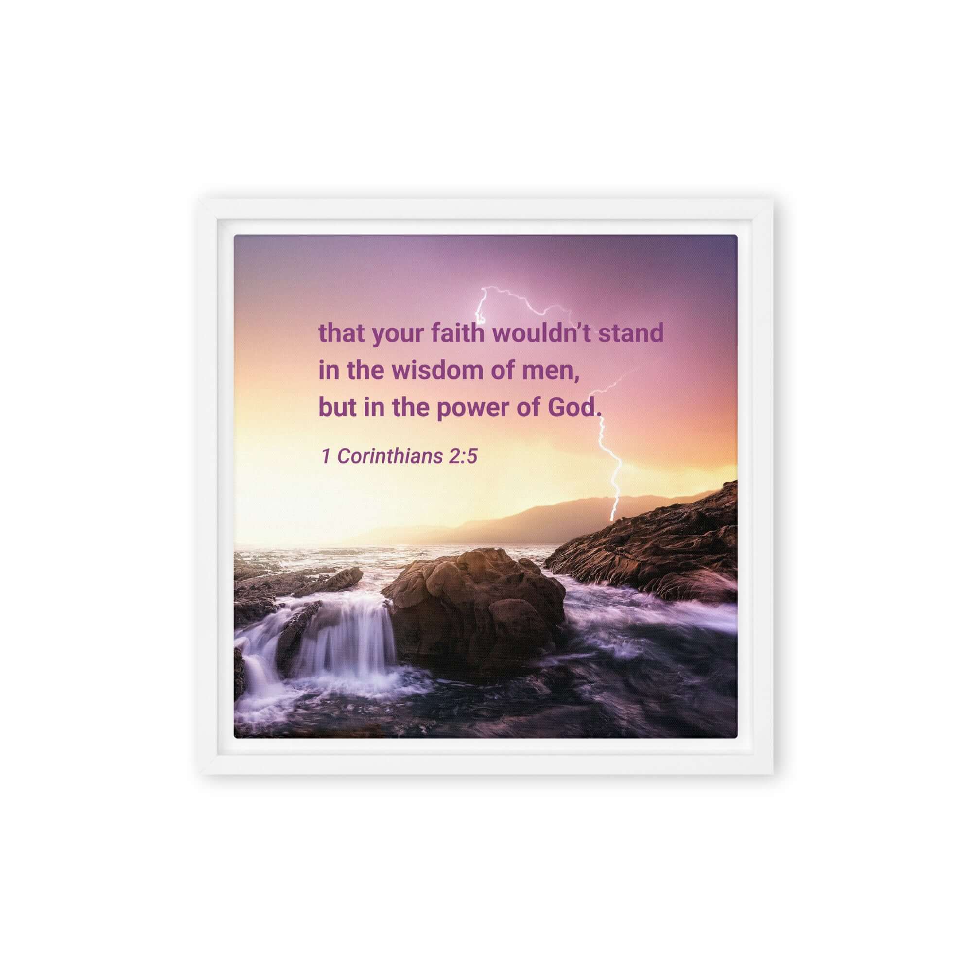 1 Corinthians 2:5 Bible Verse, power of God Framed Canvas Print Wall Art White 12″×12″