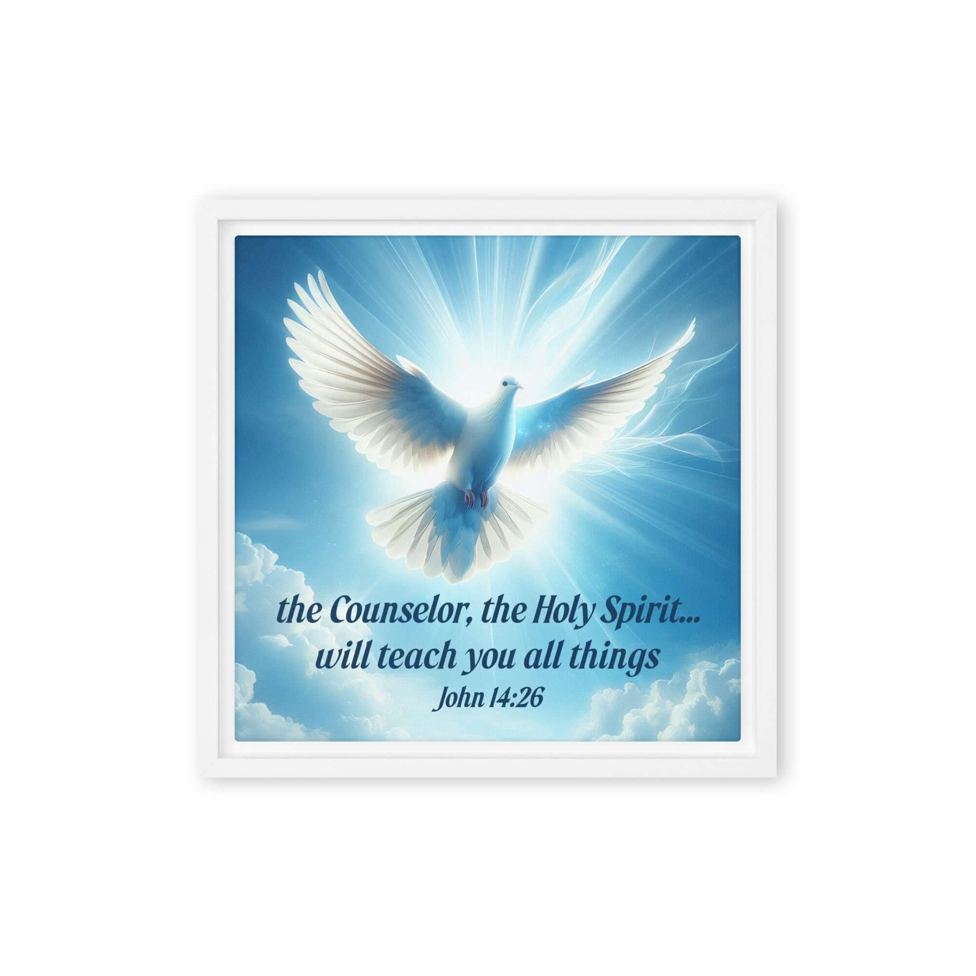 John 14:26 Bible Verse, Holy Spirit Dove Framed Canvas Print Wall Art White 12″×12″