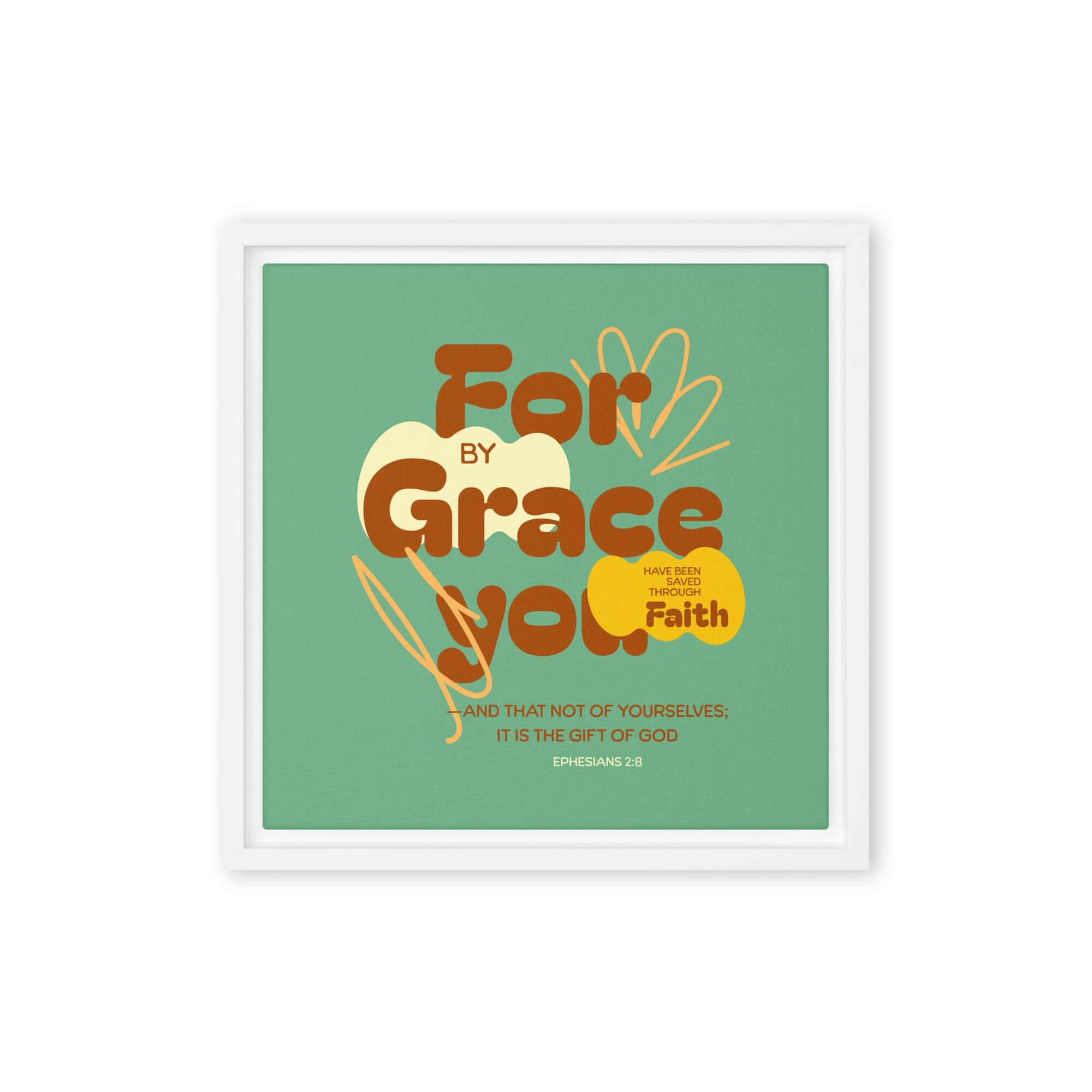 Ephesians 2:8 Bible Verse, for by grace Framed Canvas Print Wall Art White 12″×12″