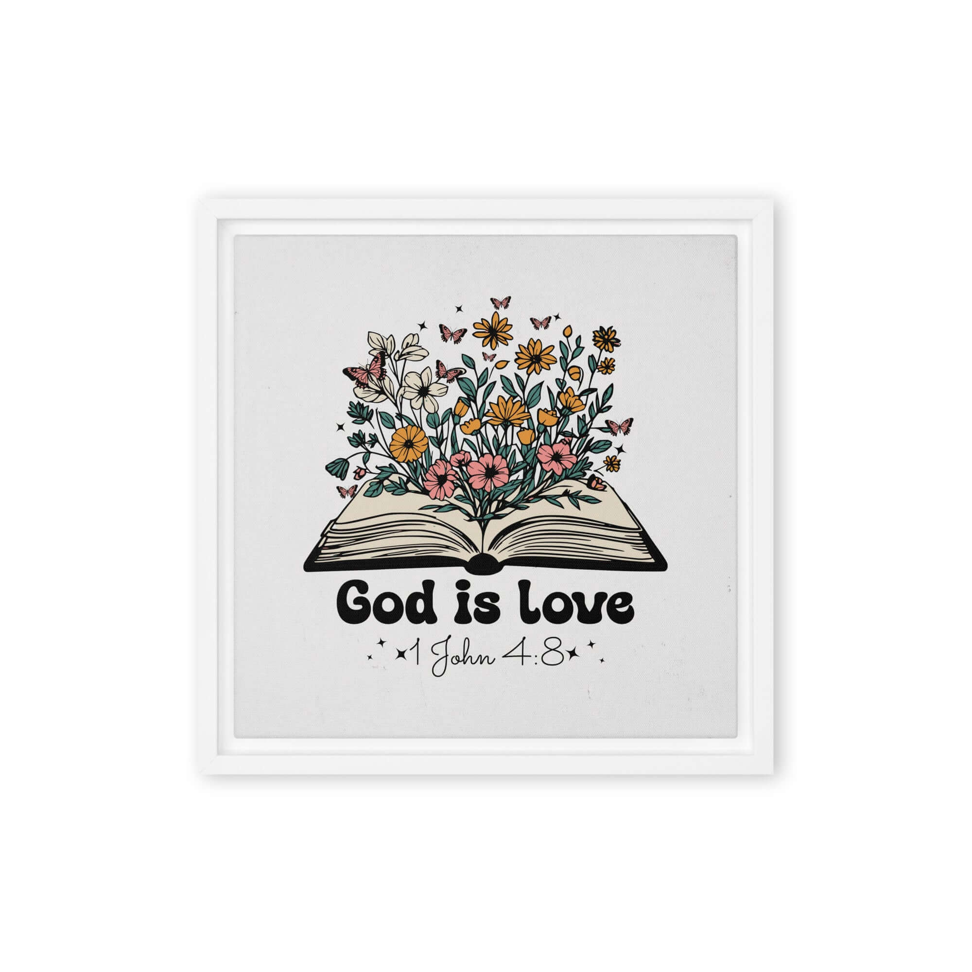 1 John 4:8 Bible Verse, God is Love Framed Canvas Print Wall Art White 12″×12″
