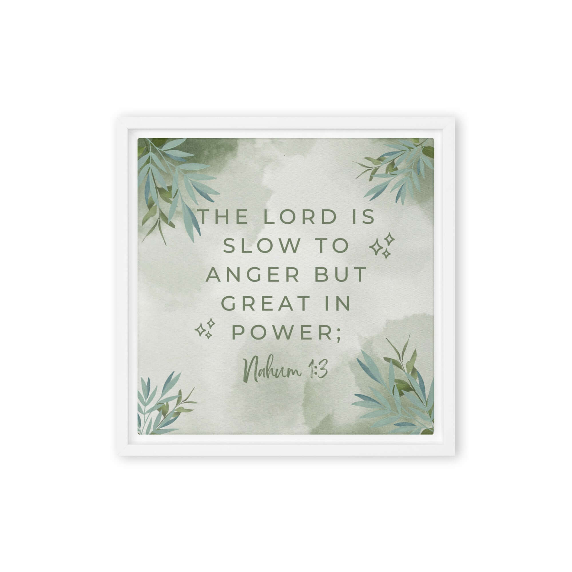 Nahum 1:3 Bible Verse, The Lord is slow Framed Canvas Print Wall Art White 12″×12″